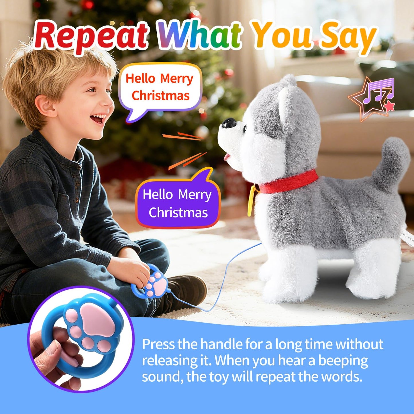 Walking Barking Singing Husky Puppy Toy, Repeats What You Say, Realistic Licking Tongue Wagging Tail Mechanical Dog with Electronic Touch or Voice Control, Interactive Music Dancing Plush Pet for Kids