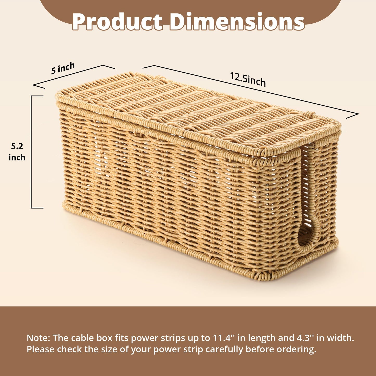 Handmade Cable Management Box Brown, Imitation Rattan Cord Organizer Box, Cord Hider, Cable Organizer for Desk, Wire Management to Hide Cords and Power Strip L12.5 W5.2 H5.5 in
