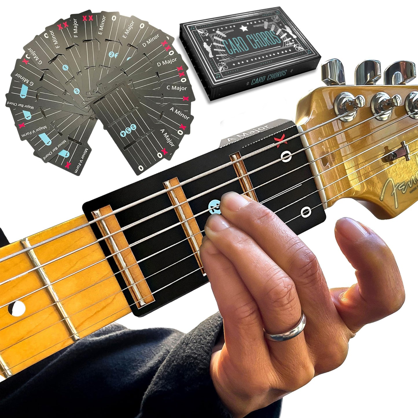 Learn Guitar in Minutes Deluxe Edition with Case Card Chords (Fits All Guitars) GUITAR CHORDS allow you to PLAY the ACOUSTIC or ELECTRIC Guitar while the CARD is on the FRETBOARD Guitar Gift