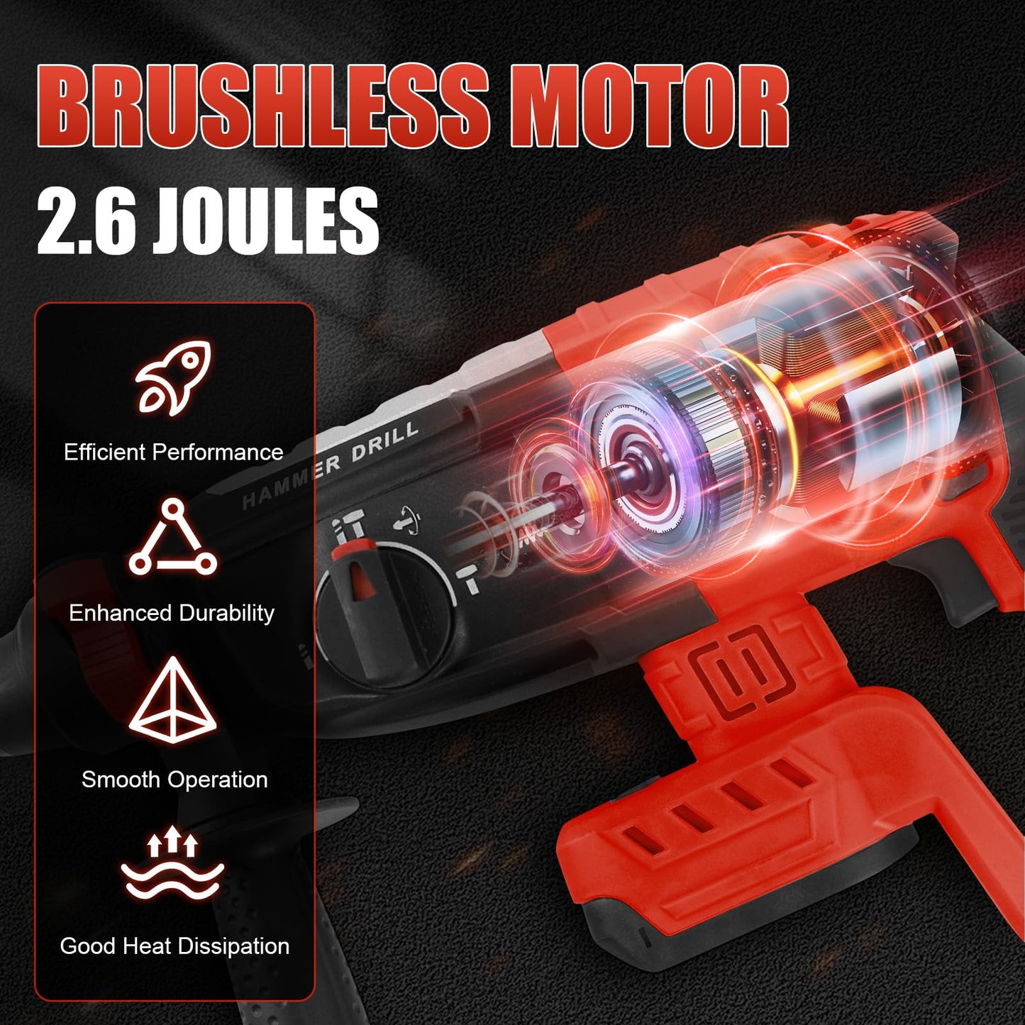 Cordless Rotary Hammer Drill Compatible with Milwaukee 18V Battery, Brushless SDS Plus 2.6 Joules Hammer Drill with 4 Modes and 5 Drills, 360°Auxiliary Handle (Battery not Included)