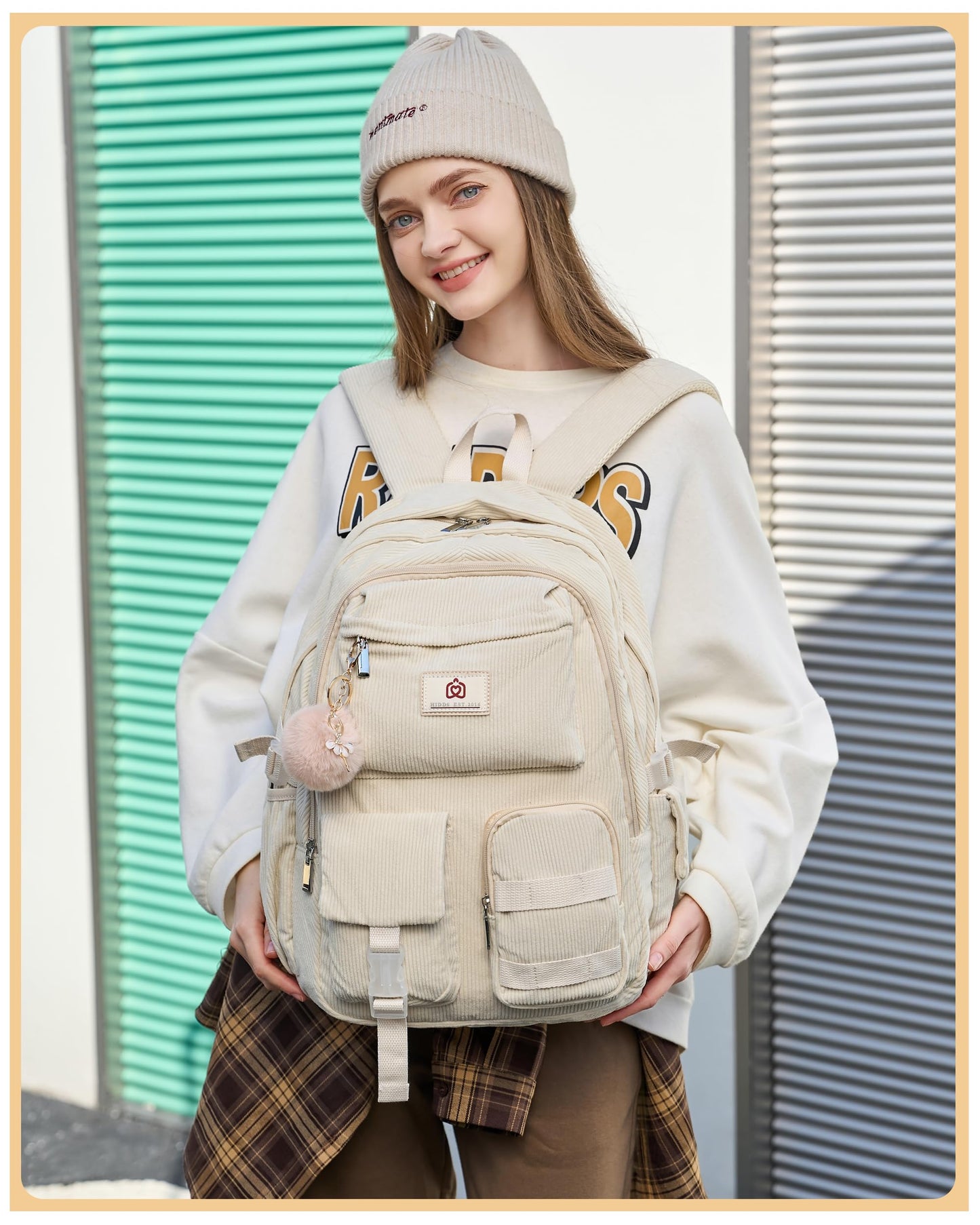 School Laptop Backpack for Teens Girls Women College Backpacks Corduroy Bag Students Bookbag Anti Theft Travel Daypack (Beige)