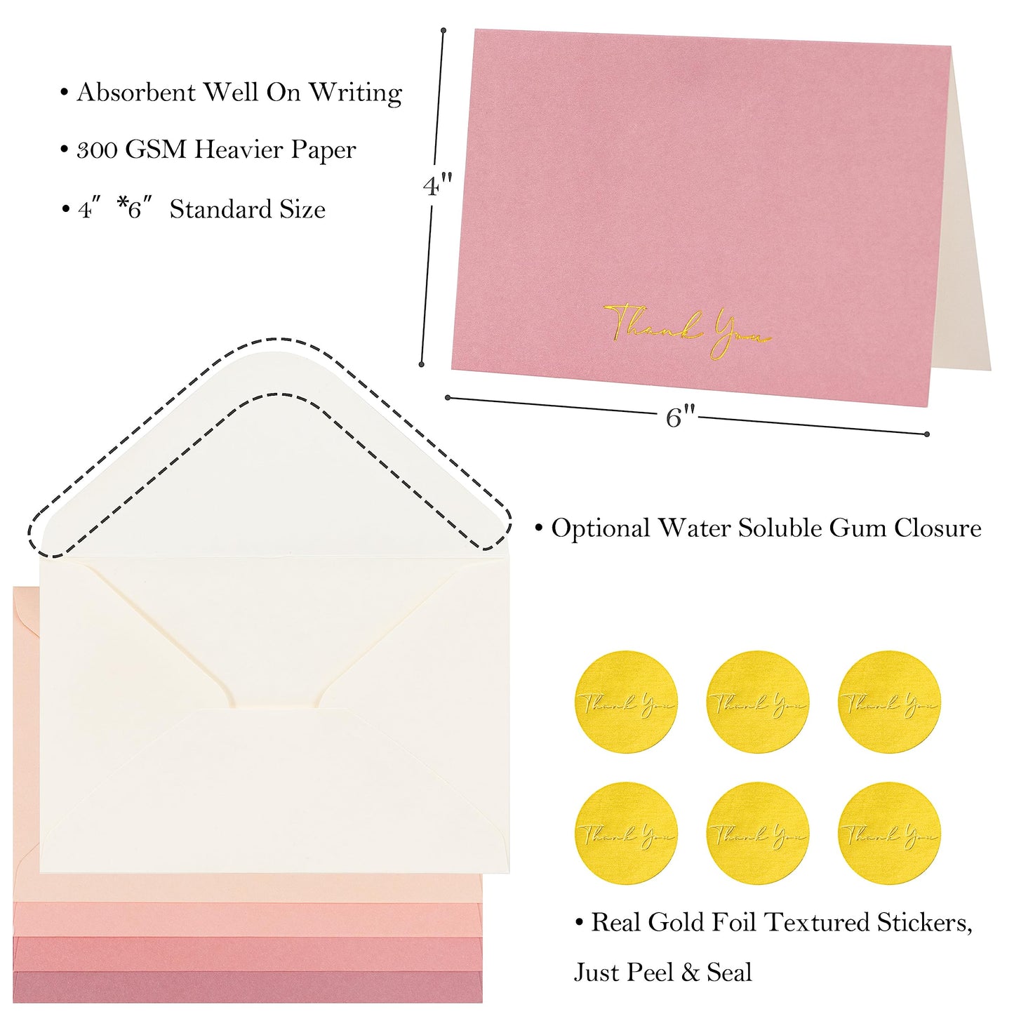 Crisky Dusty Rose Thank You Cards with Envelopes & Stickers， 50 Pack Bridal Shower Graduation Thank You Cards Small Business, Wedding Baby Shower Birthday Funeral Notes Bulk
