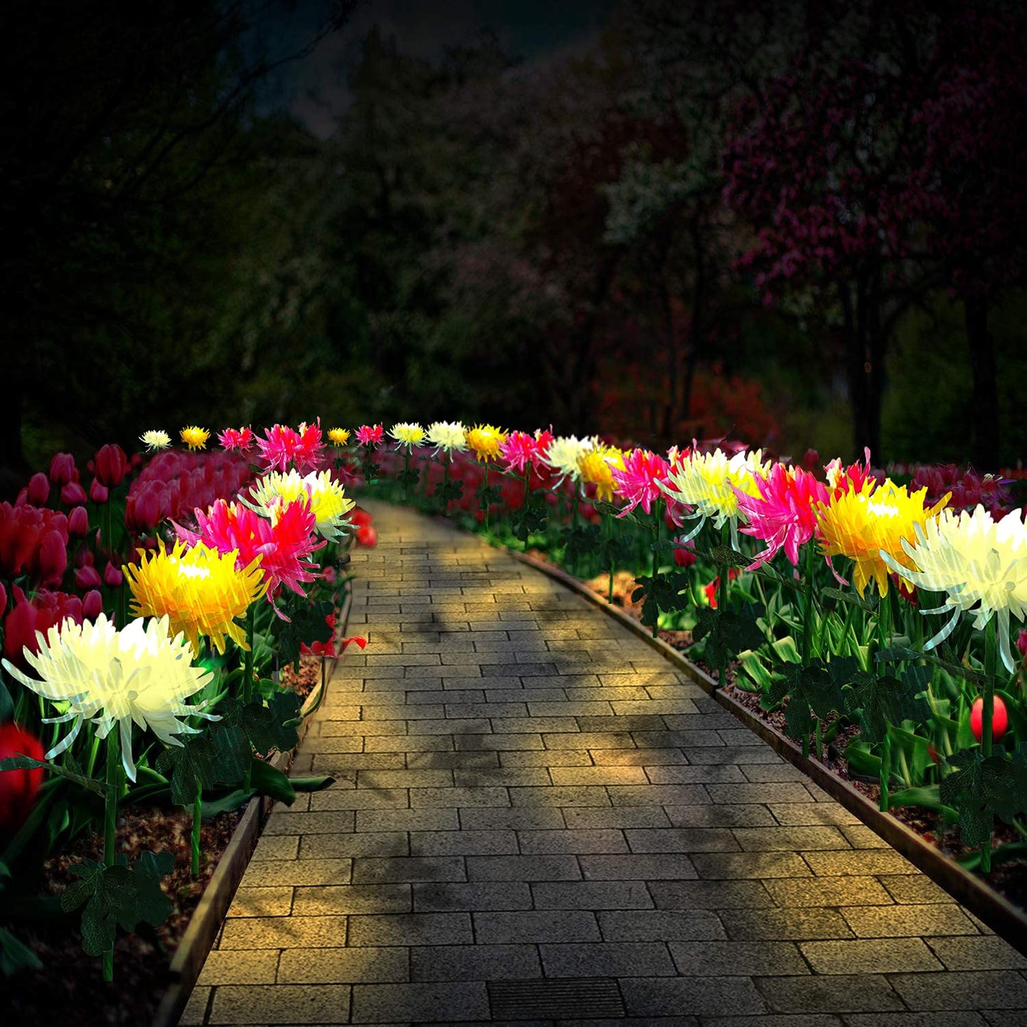 Kordain Outdoor Solar Garden Stake Lights, 3 Pack Chrysanthemum Flower Waterproof LED Decorative Powered Lights for Pathway Walkway Lawn Yard Cemetery (Yellow, Red, White)