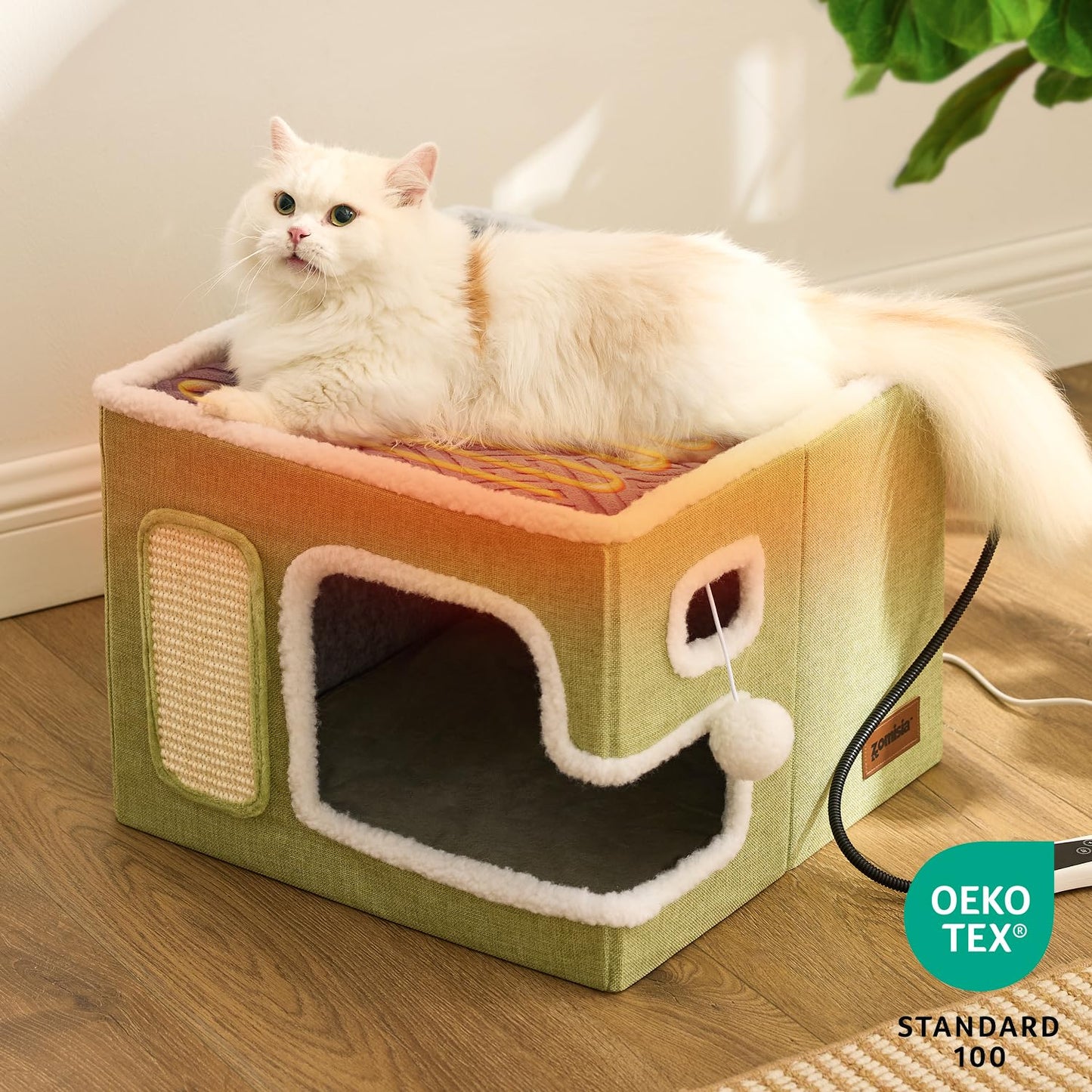 ZOMISIA Heated Cat House for Indoor Cats - Cat Warming Bed for Winter with Fluffy Ball Hanging and Adjustable Heating Pad, Foldable Cat Hideaway,16.5x16.5x13 inches, Grey