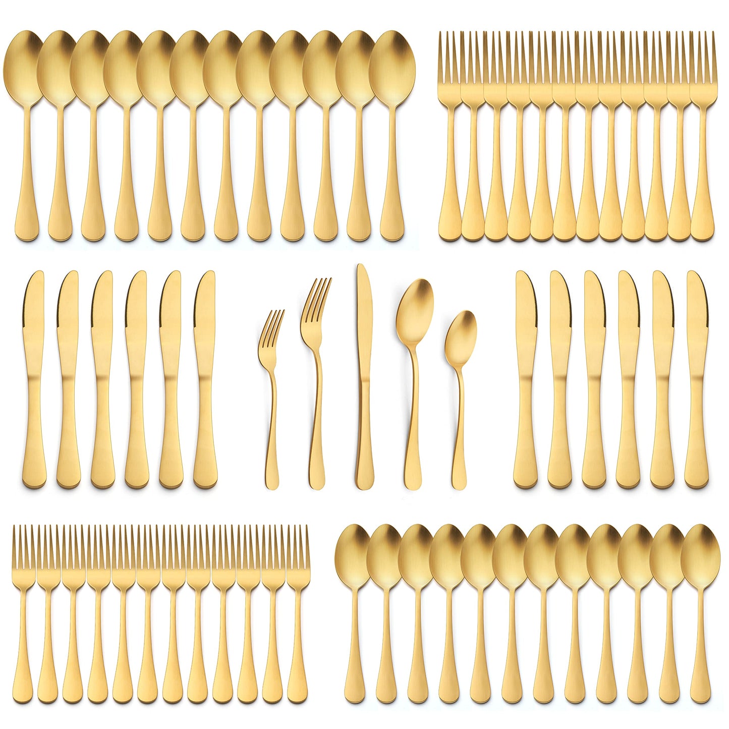 60-Piece Matte Gold Silverware Set, E-far Stainless Steel Flatware Cutlery Set Service for 12, Eating Utensils Tableware for Home Kitchen, Matte Finished & Dishwasher Safe, Simple Design