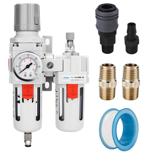 NANPU 1/2" NPT Compressed Air Filter Regulator Lubricator Combo Water/Oil Trap Separator - Gauge(0-150 psi), Poly Bowl, Semi-Auto Drain, Bracket - 3 in 1 Two Unit
