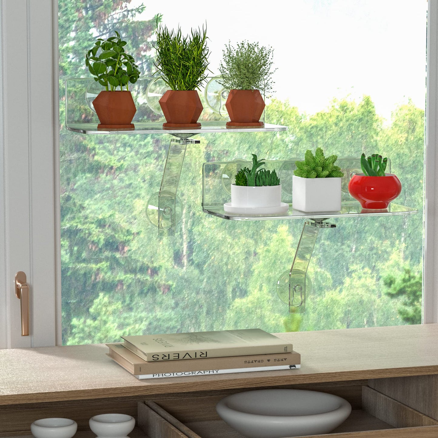 Hexsonhoma Clear Acrylic Windows Plant Shelves, 12 Inch Window Plant Stand with Legs, No Need Drilling Indoor Windows Suction Cup Shelf Wall Shelf for Plants, Home Décor, Toiletries(2 Pack)
