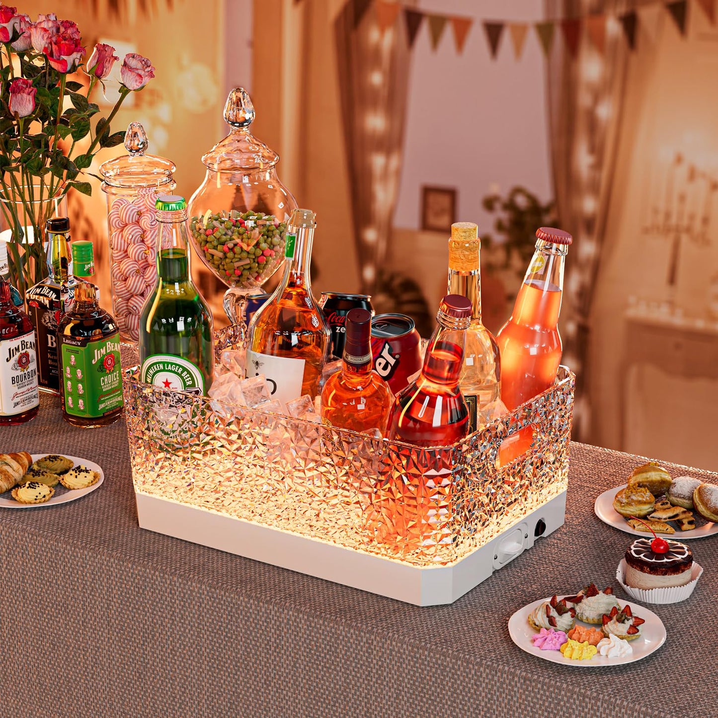 Plastic Ice Bucket for Parties, 15L Extra Large Clear Beverage Tub for Champagne Beer Drink Wine Cocktails, LED Light Up, Leakproof