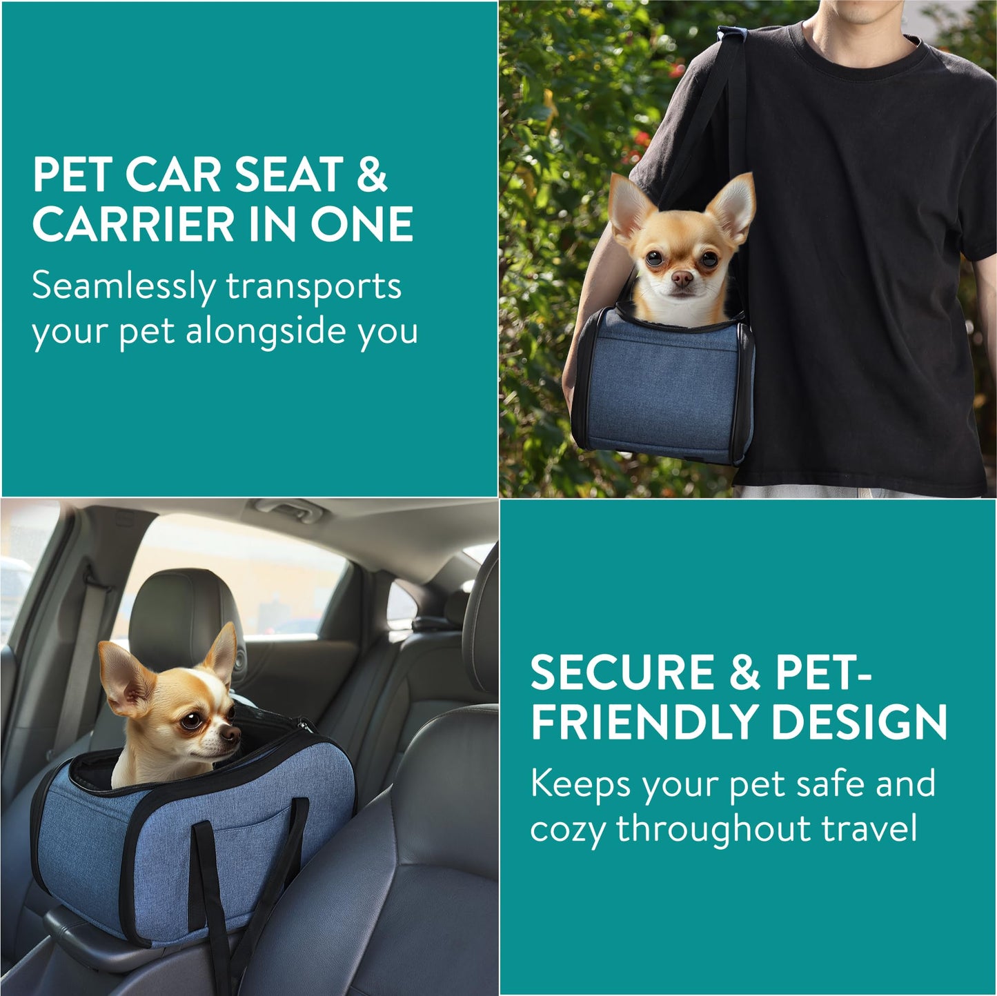 Navaris Dog Car Seat - Secure and Comfortable Pet Carriers for Small Dogs - Centre Console Car Seats - Booster and Bed with Zipper, Leash, and Cushion - Cat, Dog & Puppy Travel Bag