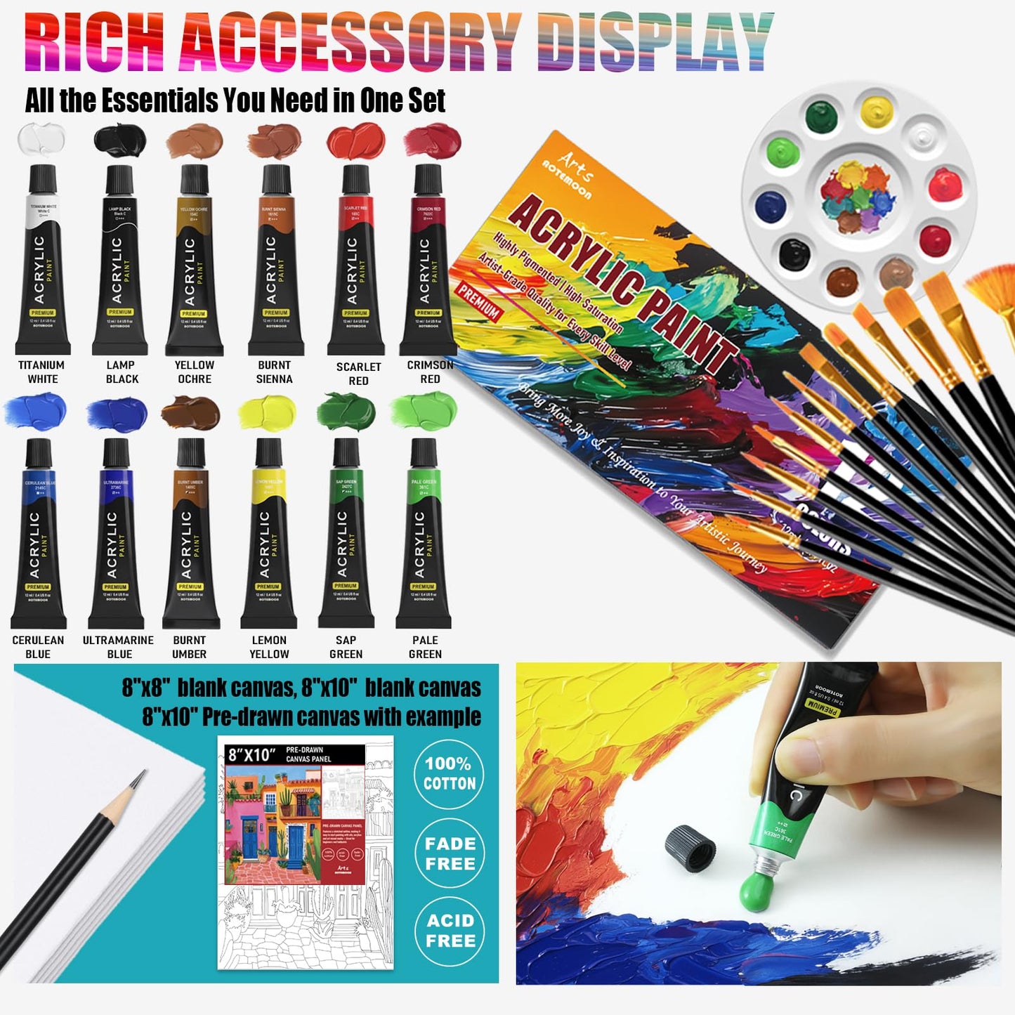 2 Pack Painting Set for Couples or Family Groups, 62 PCS Paint Set with 2 Table Easels,24 Acrylic Paints,6 Pre-Drawn & Blank Canvases,24 Brushes,2 Pencils,2 Palettes and Painting Guides