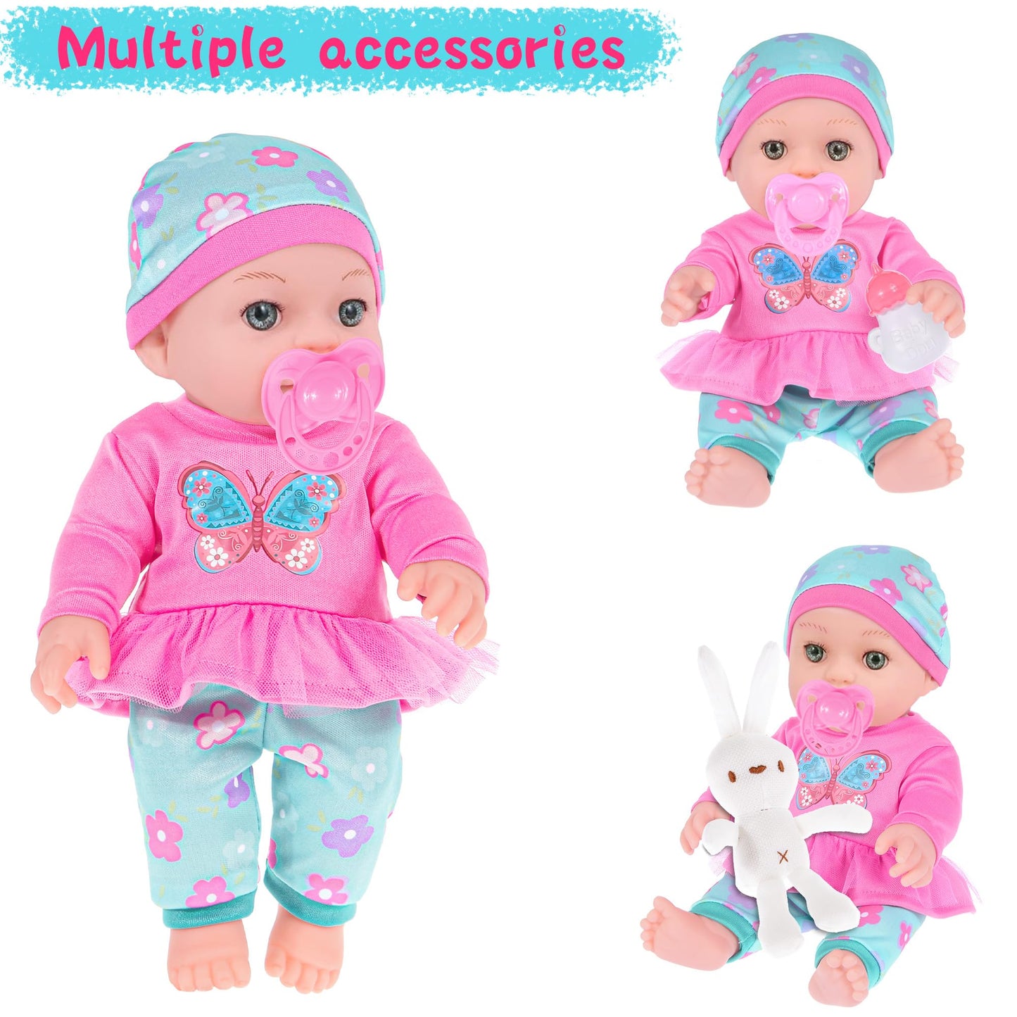 Ebuddy 12 inch Baby Doll and Accessories-Reborn Dolls Real Life Baby Dolls with 1 Sets Clothes,Carry Basket,Bunny Plush Toy,Pacifier, Bottle