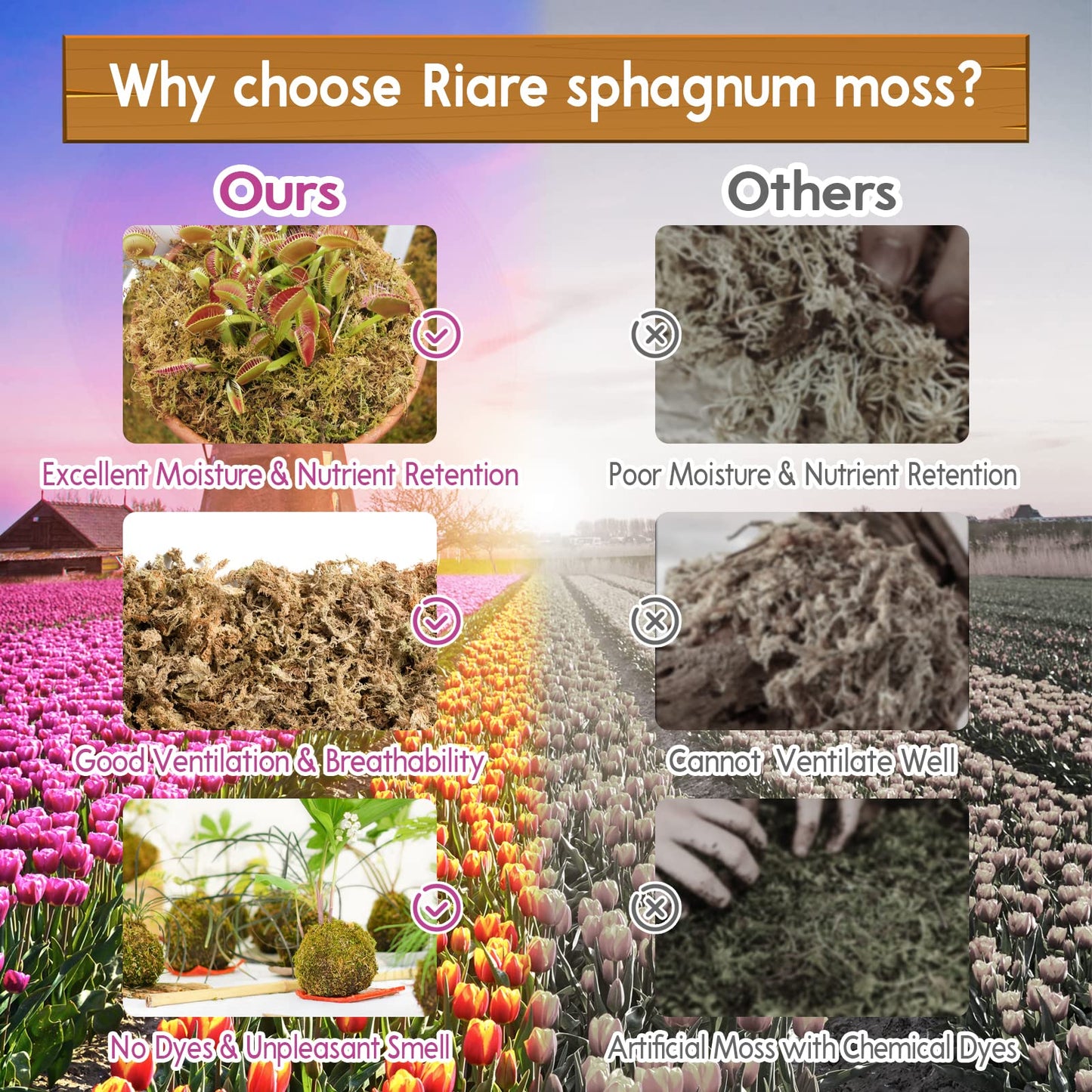 Riare 2.2 LBS Premium Sphagnum Moss- Natural Long Fibered Sphagnum Peat Moss Plants Moss Dried, Carnivorous Plants Moss Orchid Potting Mix for Orchids, Succulent, Reptiles (20QT)