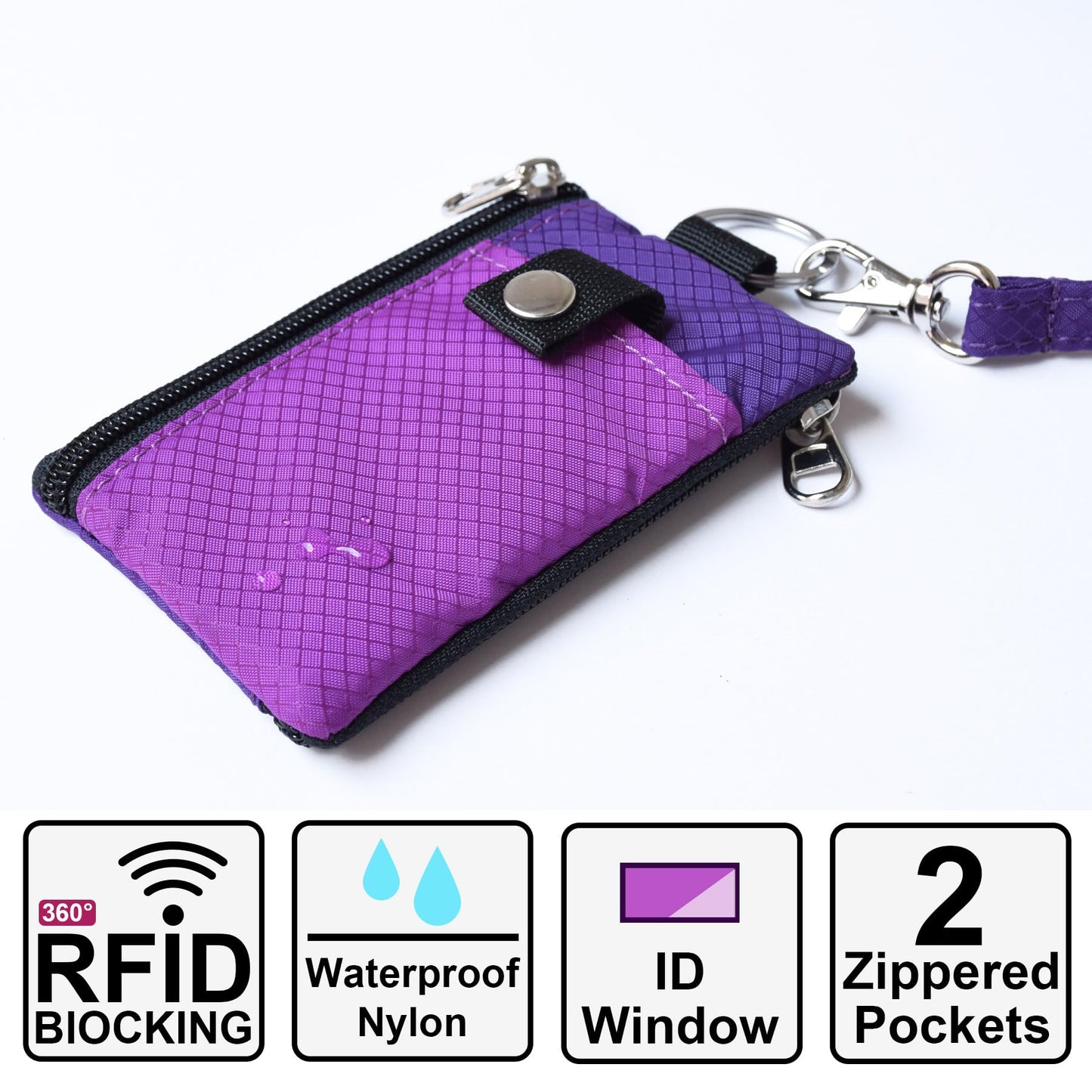 CHENSPRX Minimalist RFID Blocking Small Wallet with ID Window,WaterResistant Zip Id Case Wallet with Lanyard Keychain for Cards,Cash,Travel,Women,Men, GreenOnion+DarkGreen (Violet+Purple)