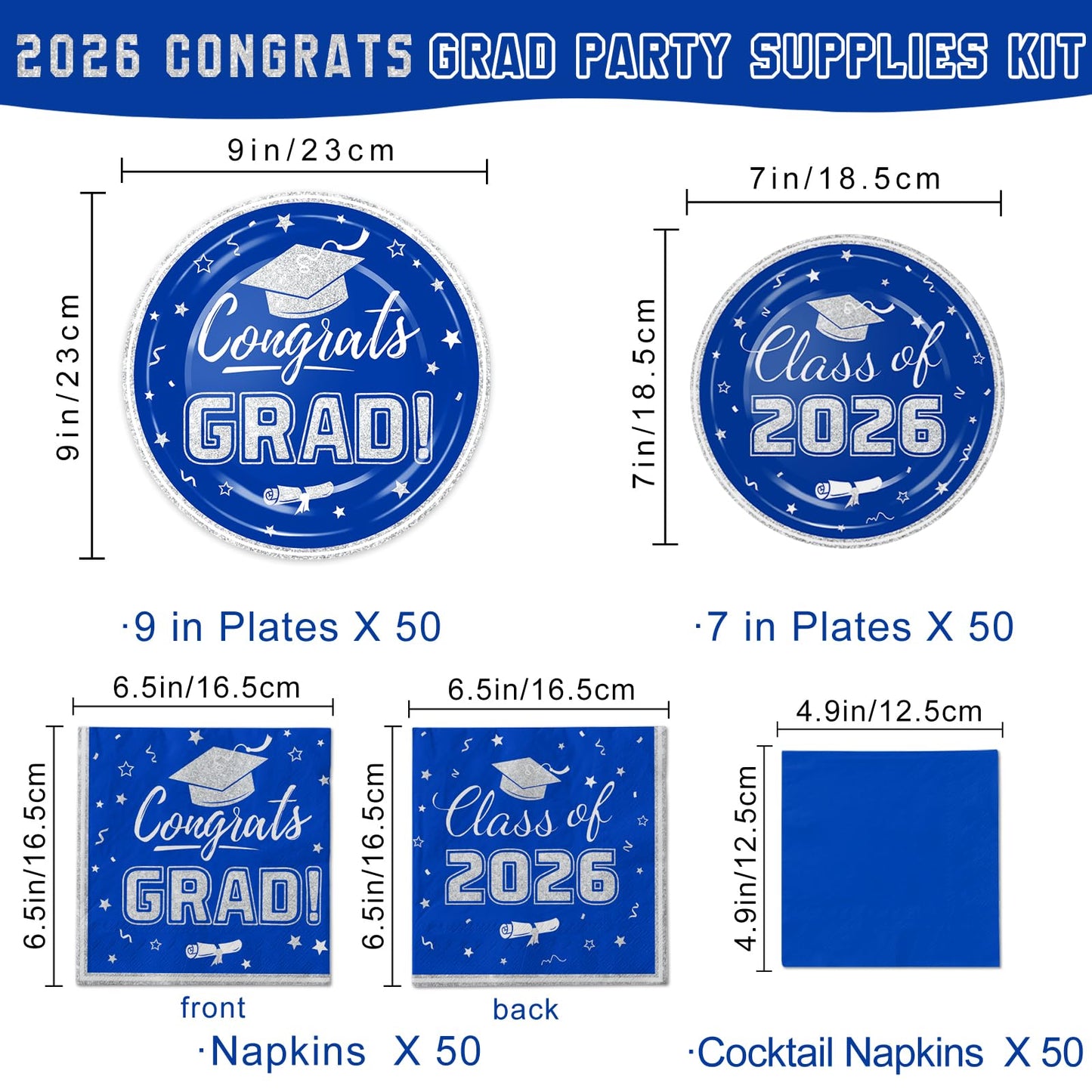 Blue and Silver Graduation Party Plates and Napkins 2026 - Congrats Grad Disposable Paper Plates Cocktail Napkins Luncheon Napkins for Graduation Party Decorations, Serve 50