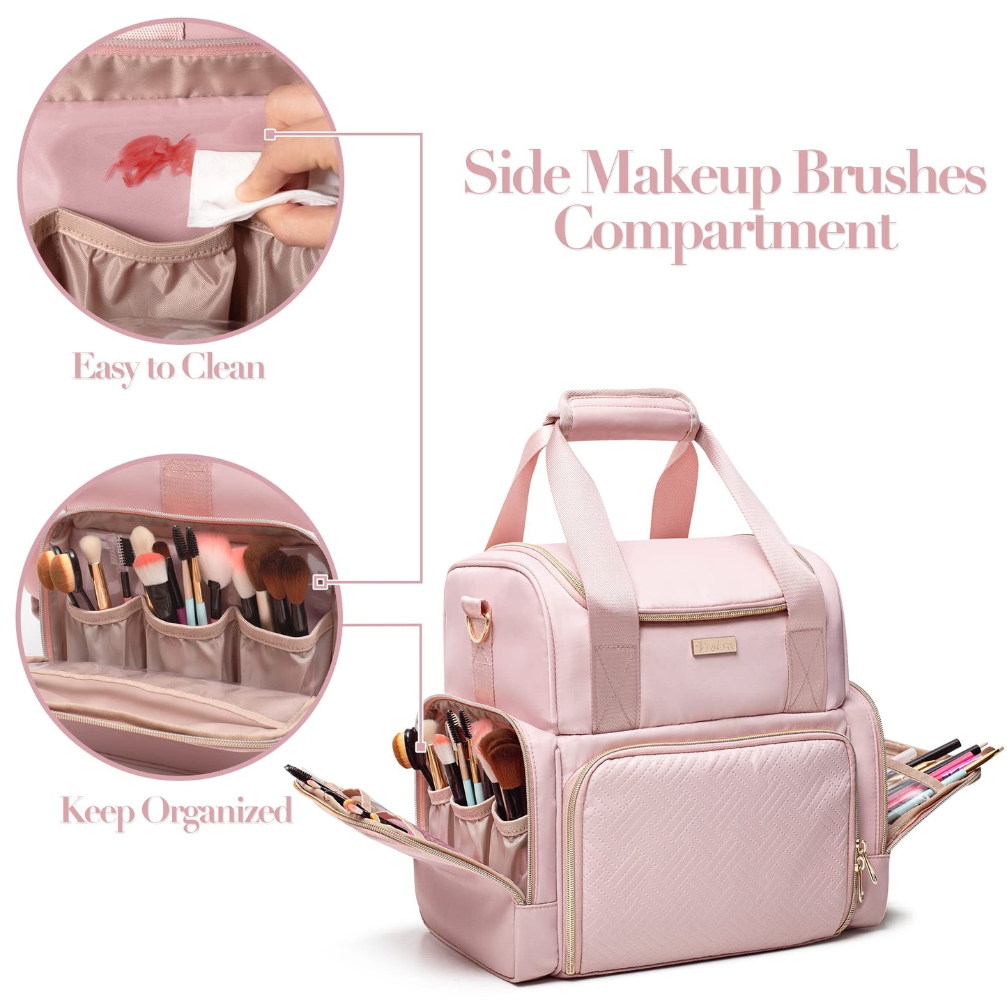 Prokva Large Makeup Cosmetic Bag with 3 Removable Case, Double Layer Travel Makeup Organizer Case with Inner Dividers and Makeup Brushes Storage Section, Pink (Patented Design)