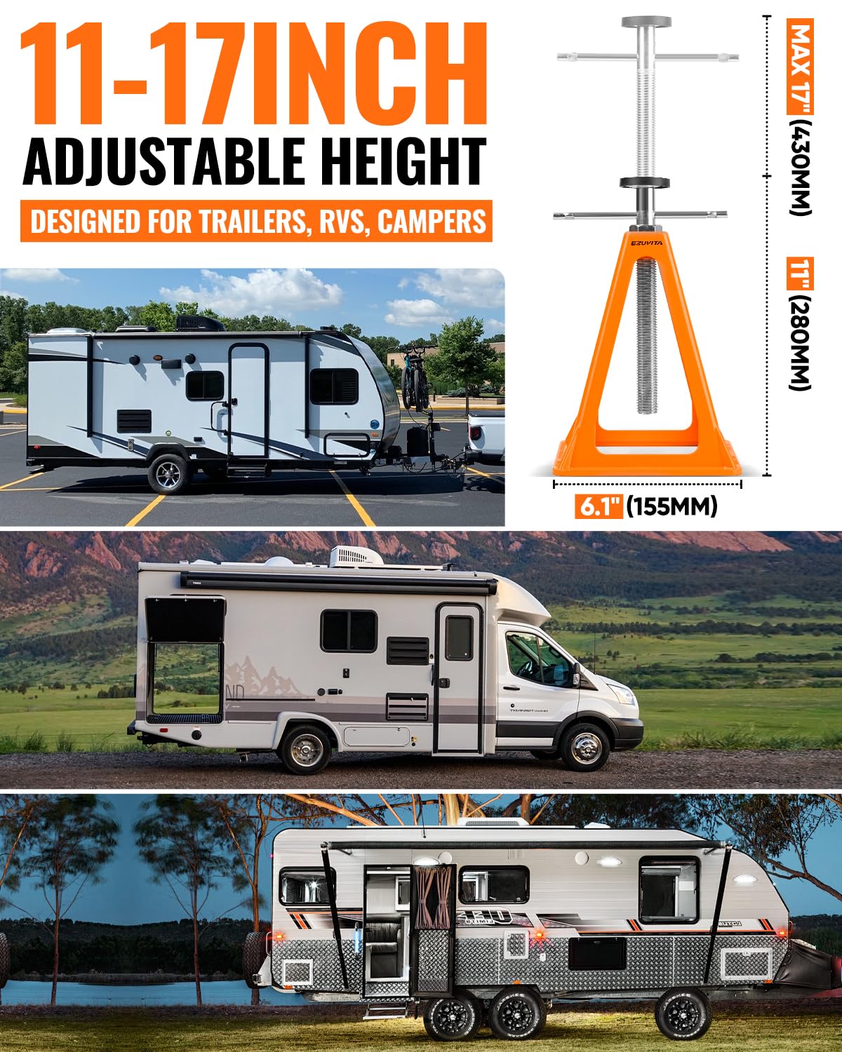 EZUVITA4-Pack RV Stabilizer Jacks – Each Supports Up to 7500 Lbs, Adjustable 11"–17", Heavy Duty Aluminum with Spare Nuts, Rubber Pads & Gloves for Travel Trailer Camper, Motorhome