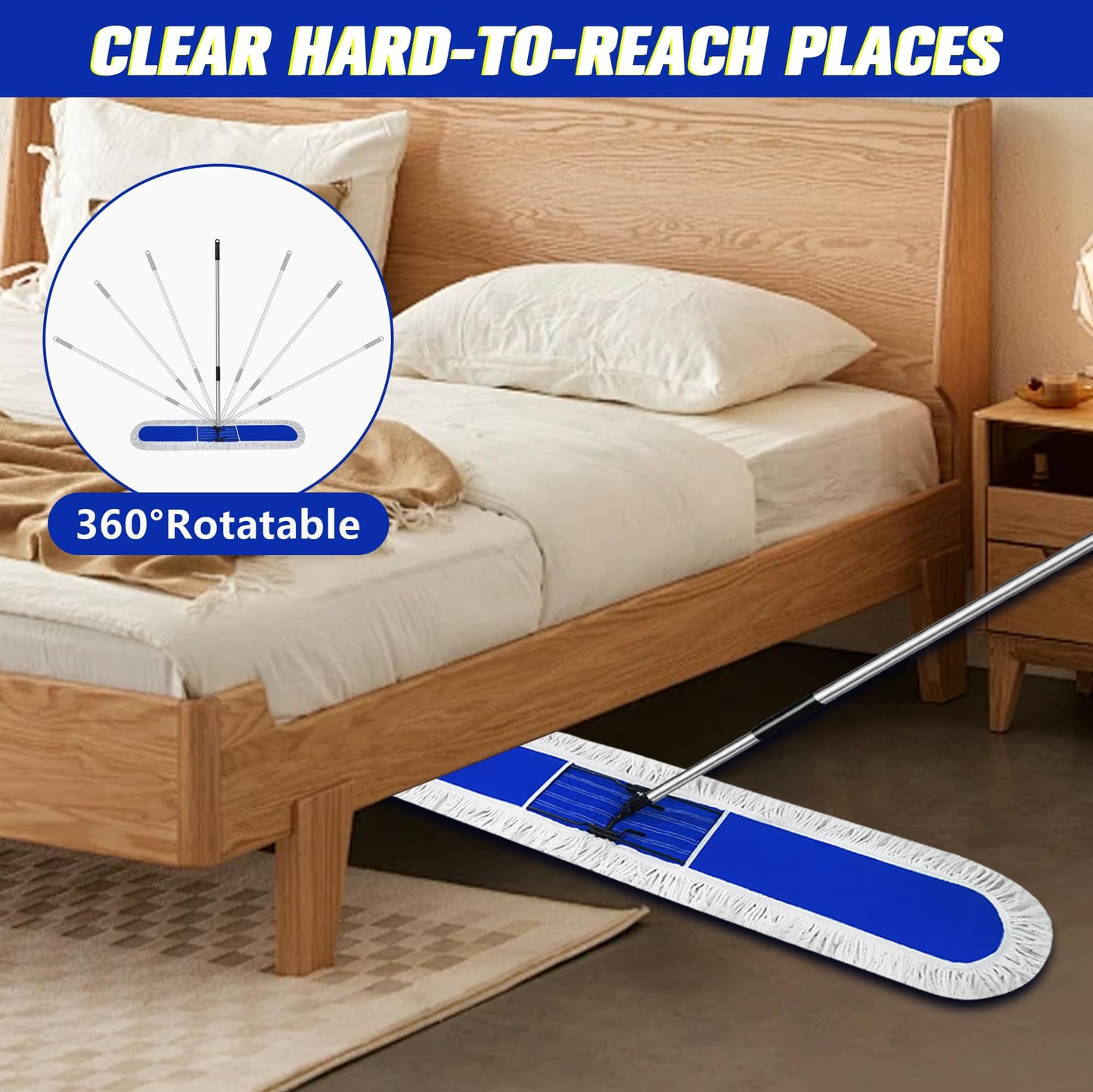 Solipect 48 inch Commercial Dust Mop for Hardwood Floors, Large Size Dry Mop, Reusable Cotton Yarn Head, Telescopic Stainless Steel Handle, Industrial dust mops for Floor Cleaning, Marble, Blue