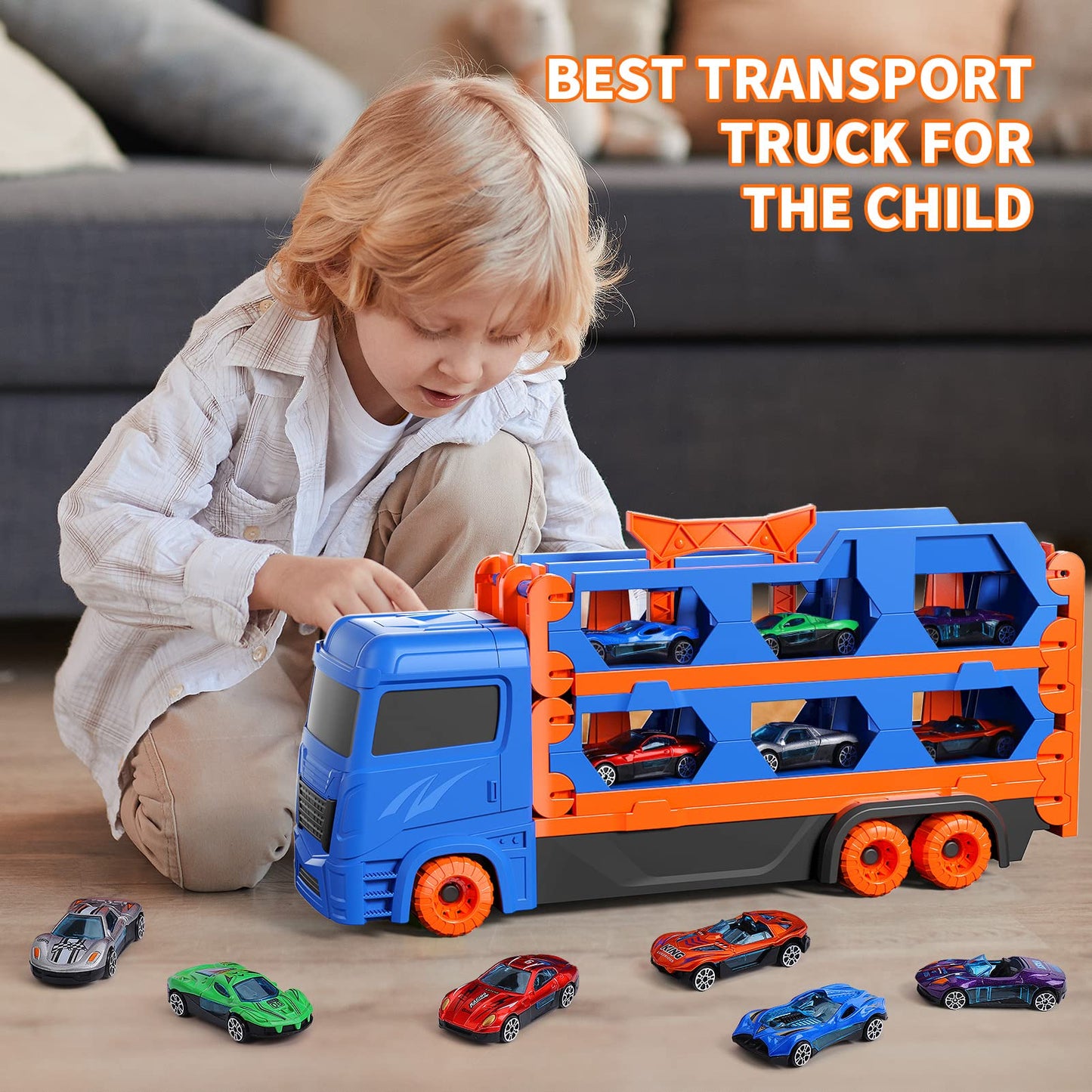 Toddler Toys for 3 4 5 6 Years Old Boys, Die-Cast Transport Truck Car Toys 61-Inch Race Track for Boys Kids, Toddler Car Toys Set for Kids Boy Girls