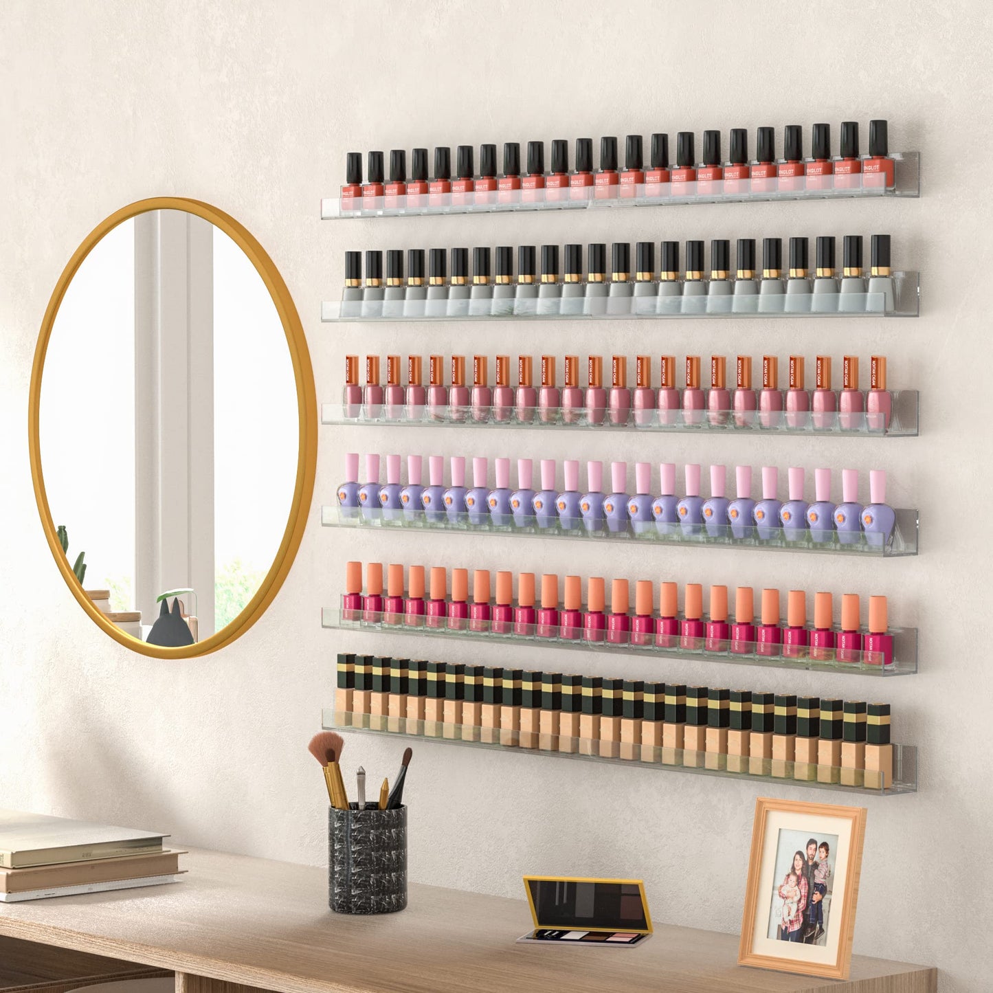 Sezanrpt Nail Polish Rack Shelf for Wall, Clear Nail Polish Organizer Wall Mounted, 32 Inches Acrylic Nail Polish Shelf for 192 Bottles, 6 Pack…