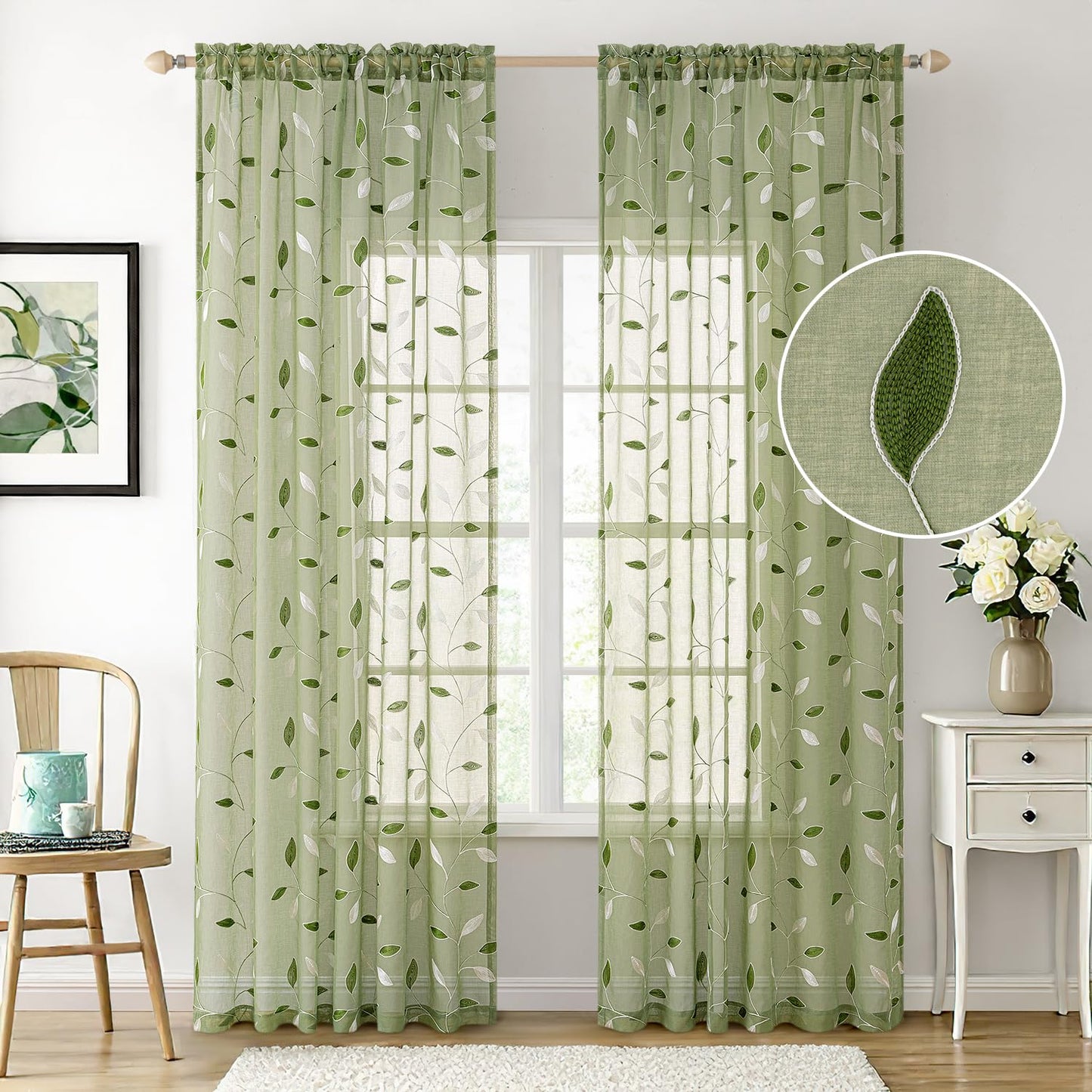 MIULEE Sage Green Curtains 2 Panels Embroidered Leaf Patterned Rod Pocket Floral Semi Sheer Faux Linen Window Curtains Drapes for Living Room Bedroom Farmhouse, 52x84 Inches Long