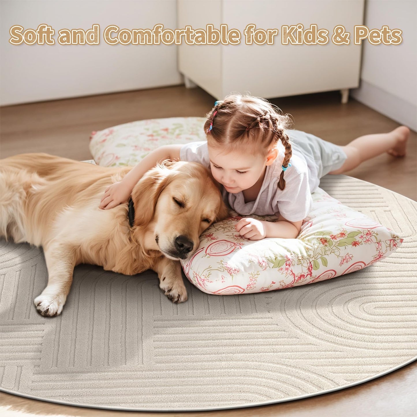 HEBE Round Area Rug 5.2 Ft, Washable Rugs for Living Room Circle Rug, Non Slip Soft Geometric Carpet for Kids Baby Room Bedroom Nursery Home Decor, Beige