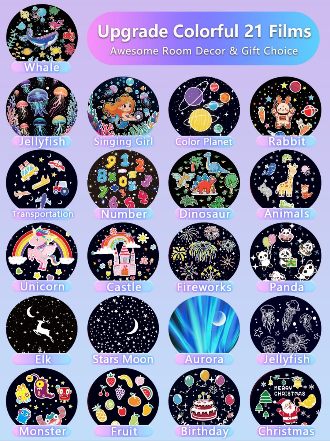 21 Sets of Films, Projector Night Light for Kids Bedroom, Baby Projector for Ceiling, Star Galaxy Night Lights with 360°Rotation Dimmable for Kids Baby Girls, Birthday, Christmas, Nursery, Room Decor