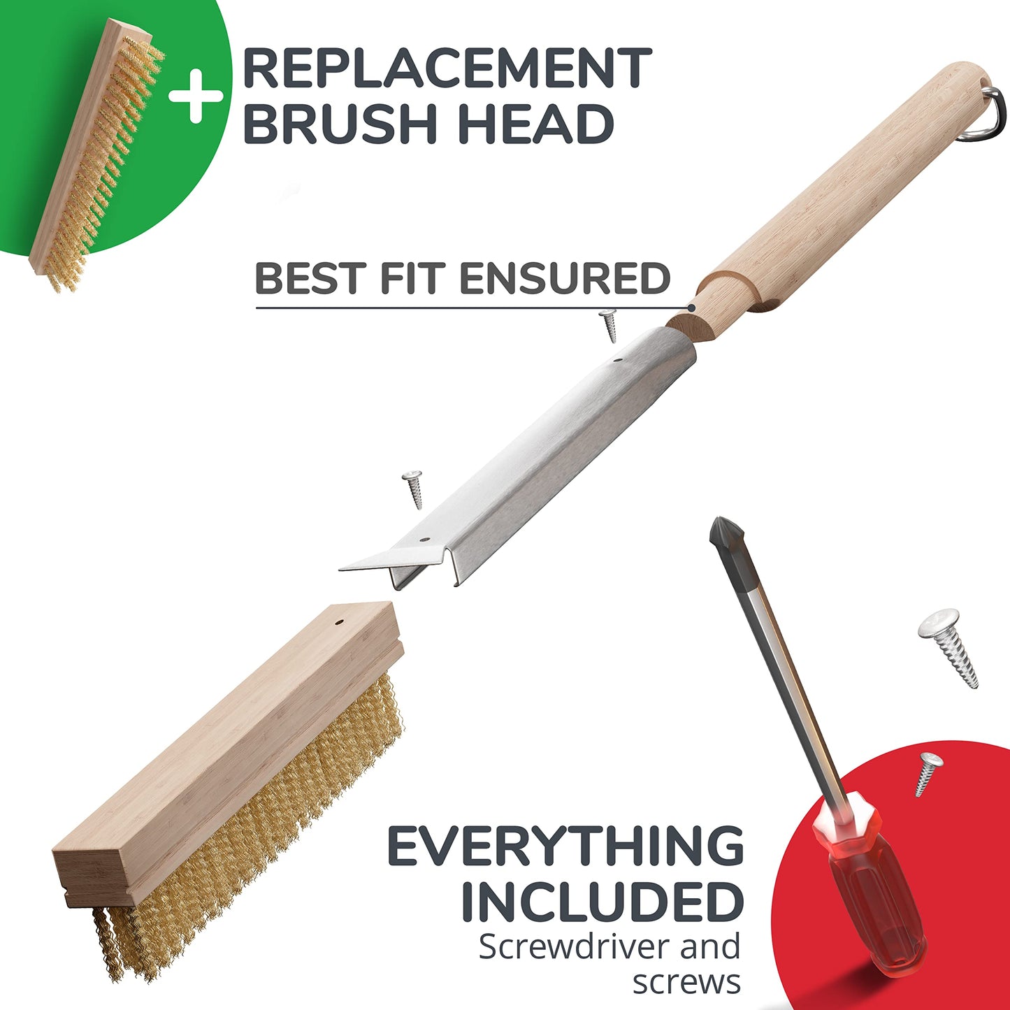 26” Pizza Oven Brush with Stone Scraper - Stainless Steel Bristles, Extra Long Handle, Heat-Resistant - Compatible with Ooni, Gozney and Similar Ovens - Includes Spare Head