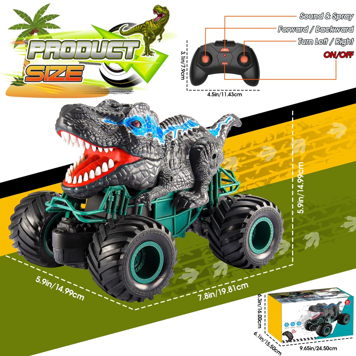 Dinosaur Toys Monster Trucks for Kids, Chardfun Remote Control Cars for Kids Age 3-10 Dinosaur Monster Toys for Boys 4-7 with Light & Sound Spray Stunt Car for Kids Easter Gifts for Kids Boys