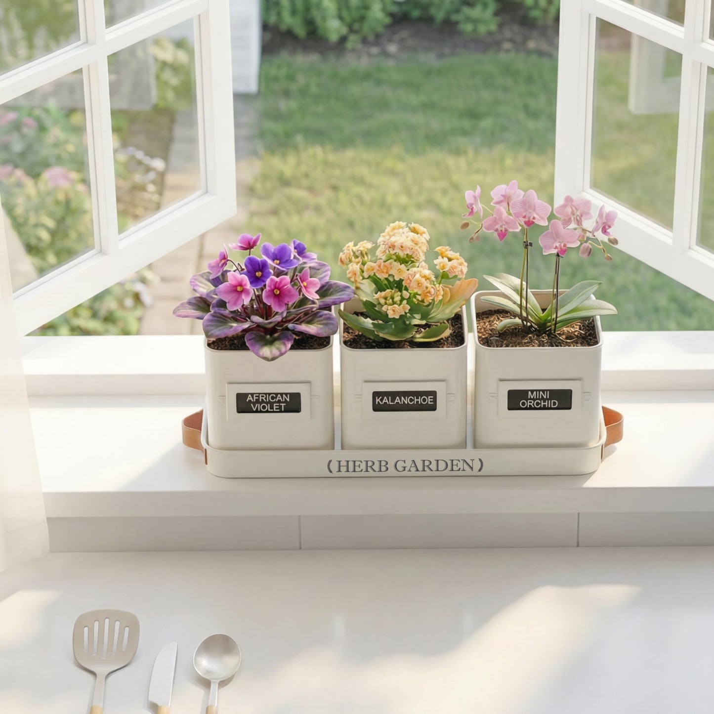 Perfnique Indoor Herb Garden, Herb Planter Set with Tray, Farmhouse Indoor Plant Pots, Windowsill Herb Garden with Drainage(Planter only) for Indoor/Outdoor, Window Pots (White)