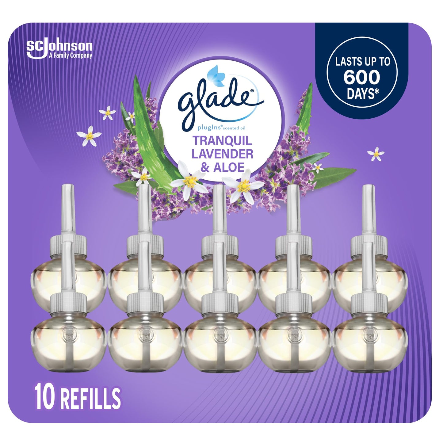 Glade PlugIns Air Freshener Oil Refill, Scented and Essential Oils for Home and Bathroom, Tranquil Lavender & Aloe, 10 Refills