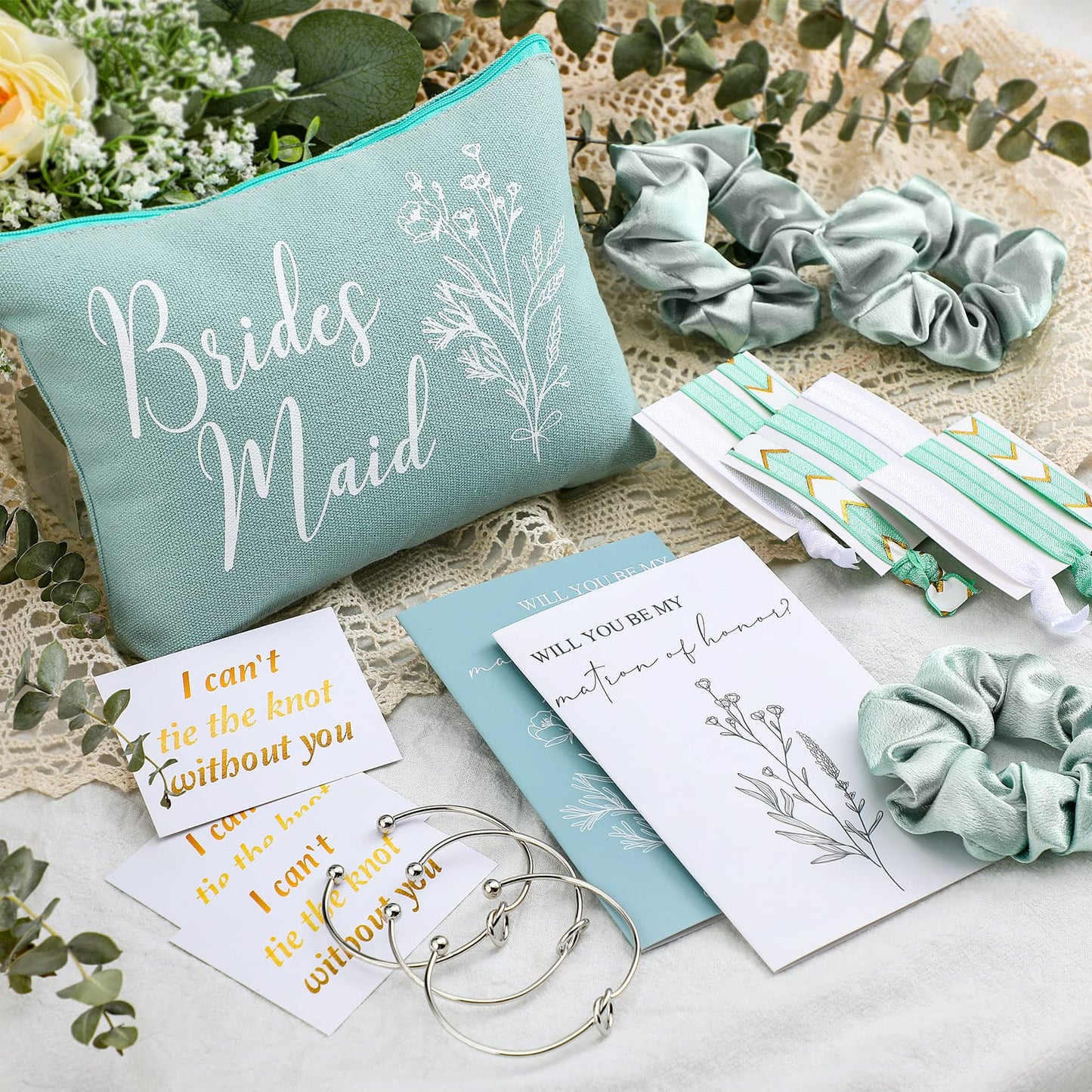 48 Pcs 8 Sets Bridesmaid Proposal Gifts Bulk Wedding Will You Be My Maid of Honor Matron of Honor Bridal Shower Makeup Bags Scrunchies Bracelets Cards for Wedding Bridesmaids(Green)