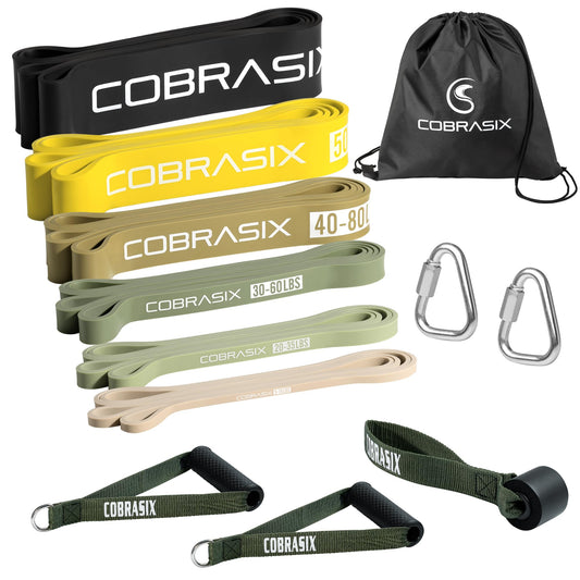 COBRASIX Resistance Bands for Working Out Men and Women | Set of 6 Resistance Bands with Attachments | Powerlifting, Stretching, WOD, Strength Training and Pull Ups [6 Piece Set with Bar]