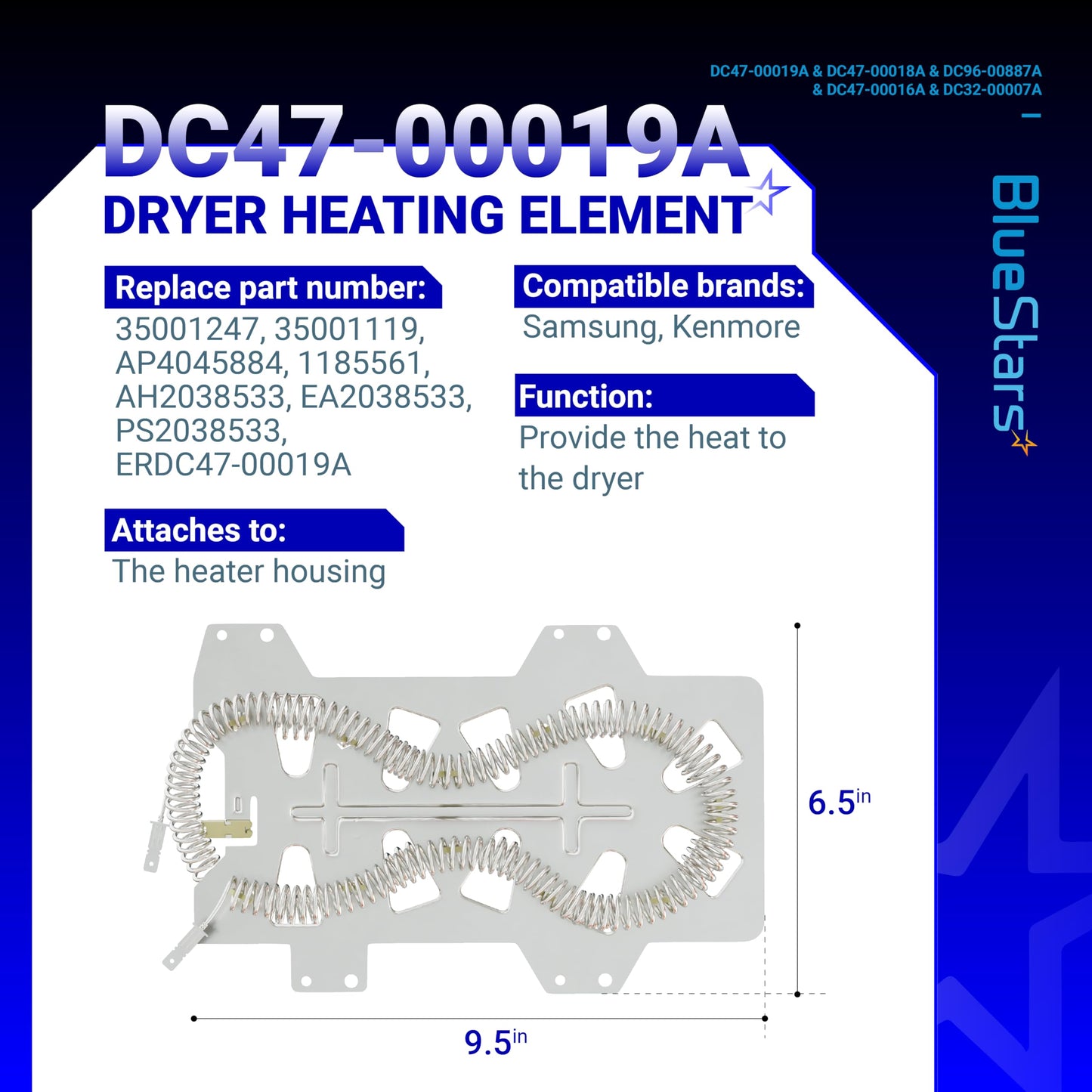 BlueStars DC47-00019A Dryer Heating Element Kit - Compatible with DVE50R5400V/A3 DV42H5000EW/A3 DV45H7000EW/A2 DVE50R5200W/A3 DV40J3000EW/A2 DVE50M7450W/A3 DV42H5200EW/A3 DV48H7400EW/A2