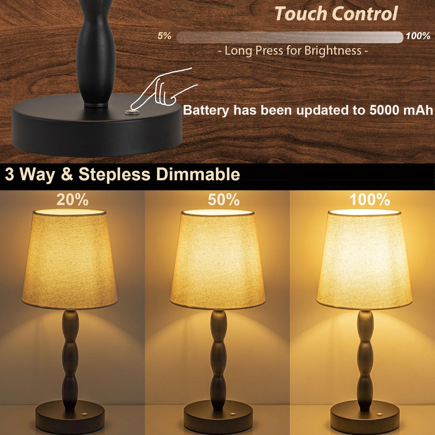 CASTLELIFE Portable Cordless Table Lamp,Touch Desk Lamp Rechargeable Battery Powered, 3-Level Brightness Stepless Dimmable Bedside Night Lamp,for Bedroom/Restaurant/Bars/Outdoor, Bulb Included,Black