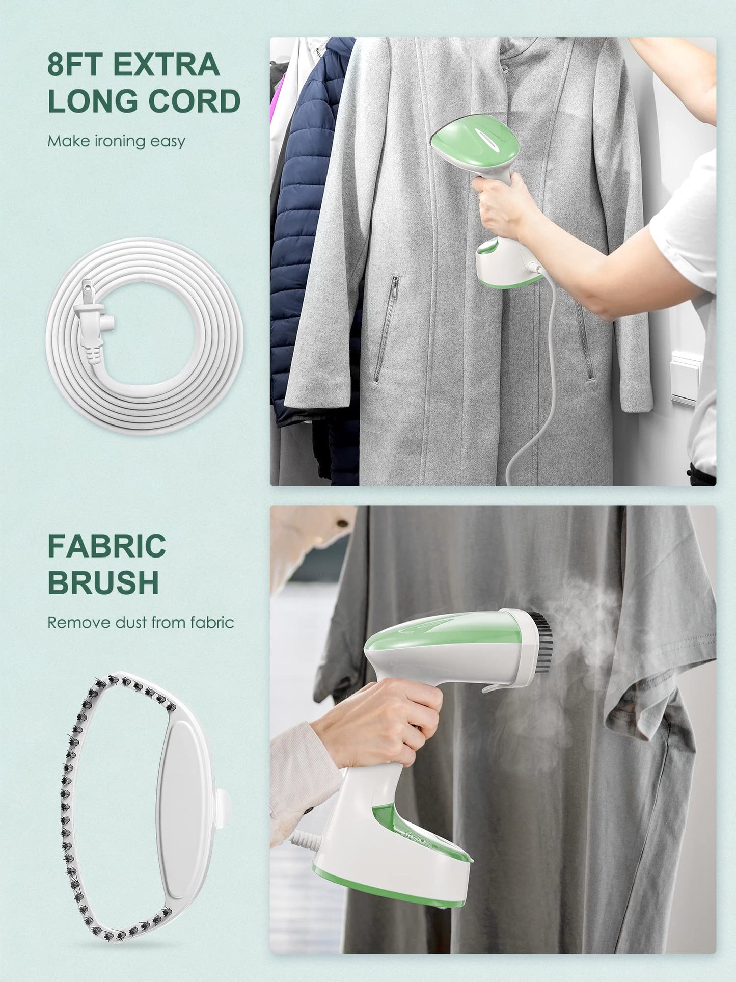 Reemix Steamer for Clothes, Foldable Steam Iron, Handheld Travel Clothes Steamer, 20g/min Strong Penetrating Steam, 25-Sec Fast Heat-up, for Home, Office and Travel (Green)