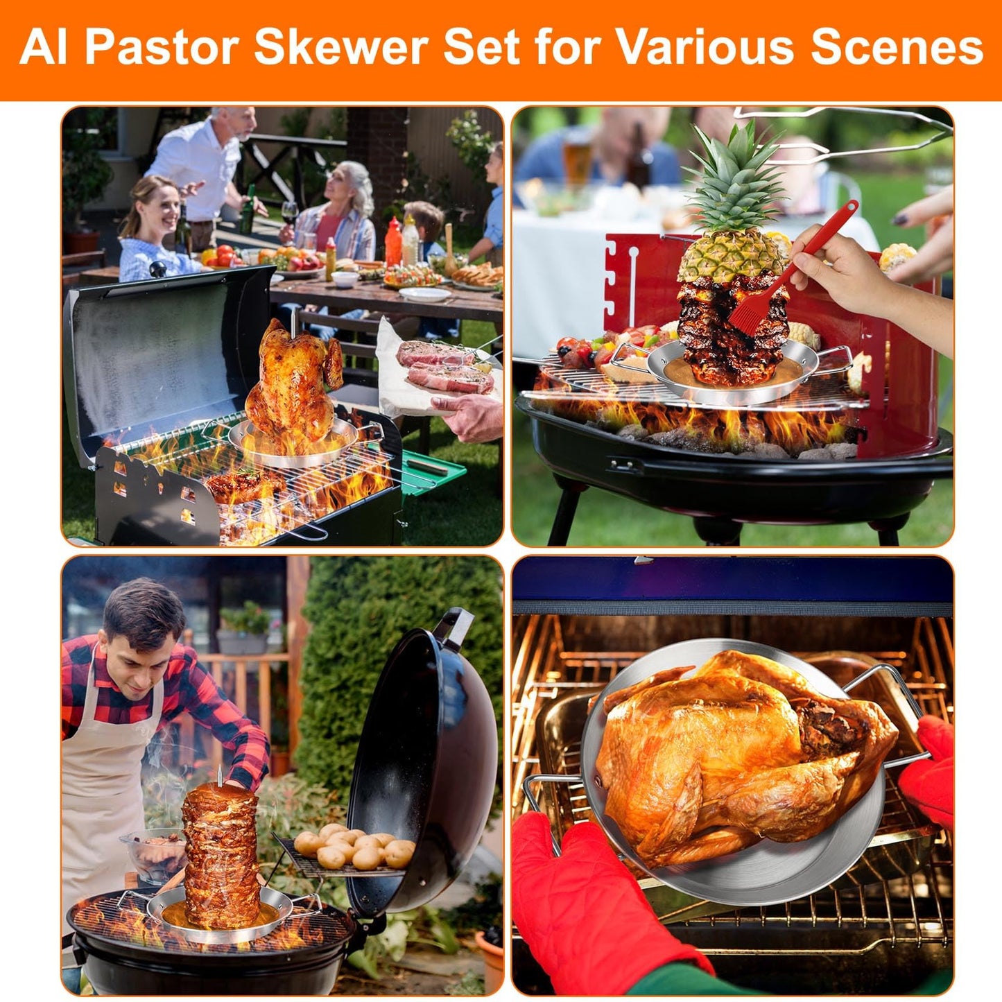 Al Pastor Skewer for Grill, 13 Inch Brazilian Spit Stand with 5 Spikes & 2 Brushes, Tong, Pad, Stainless Steel Vertical Sticks, Gyro Pan with Fat Separator for Tacos Al Pastor, Shawarma, Chicken