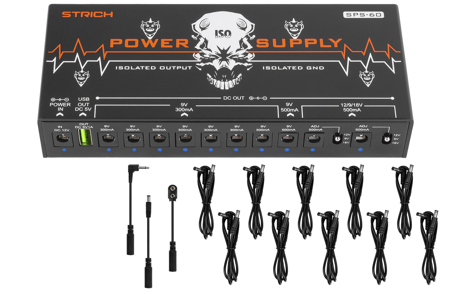 STRICH SPS-60 Guitar Pedal Power Supply, 10 Totally Independent DC Outputs Pedal Board Power Supply for 9V/12V/18V (300mA/500mA) High Power for Power High-current Effect Pedal, Noiselessly