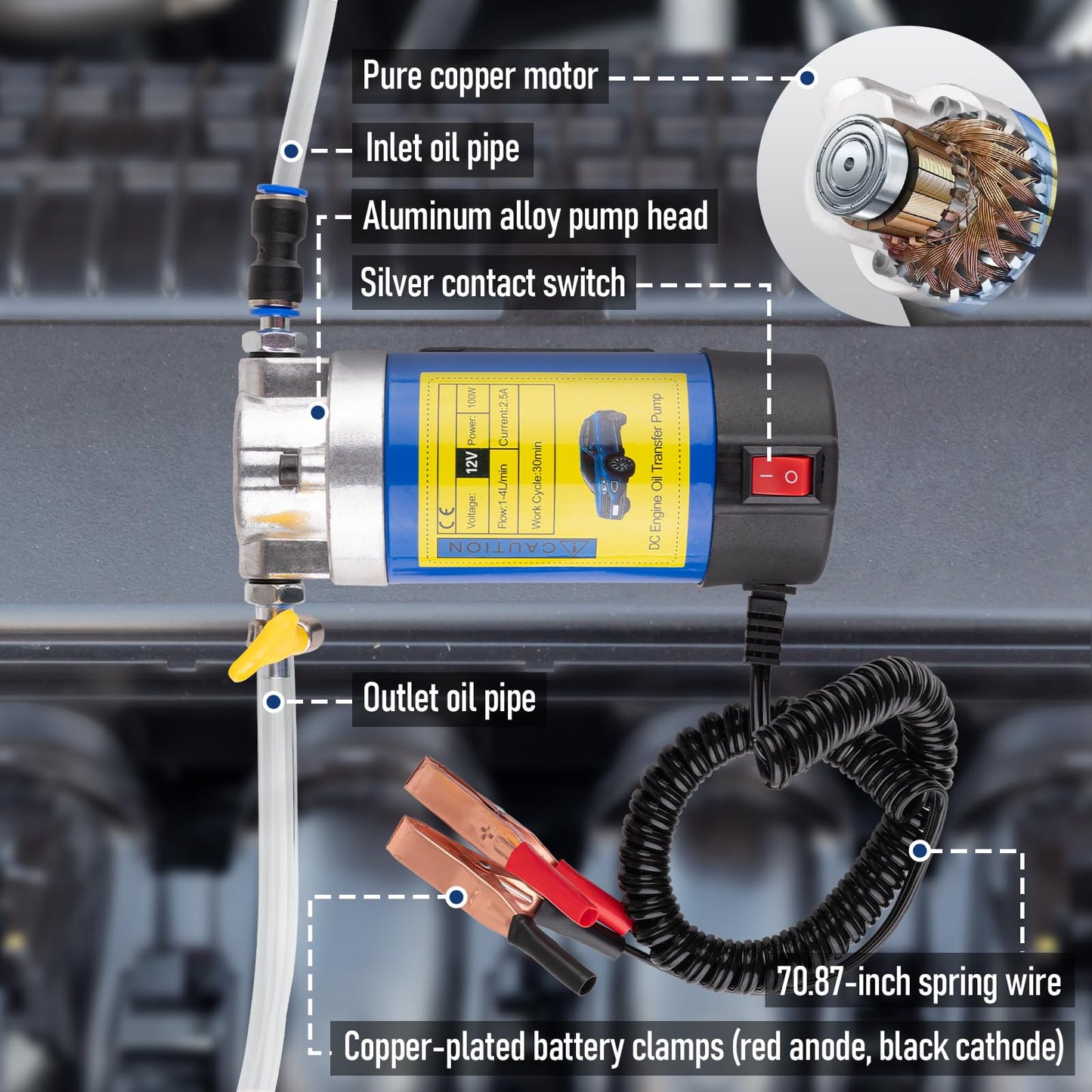 Oil Extractor Pump 12V 100W, Ultra-Quiet Fluid Transfer Pump for Engine Oil, Transmission Fluid, Gear Oil Change - Self-Priming Oil Change Pump for Car, Boat, Motorcycle, Mower, RV (3 Hoses+Adapters)