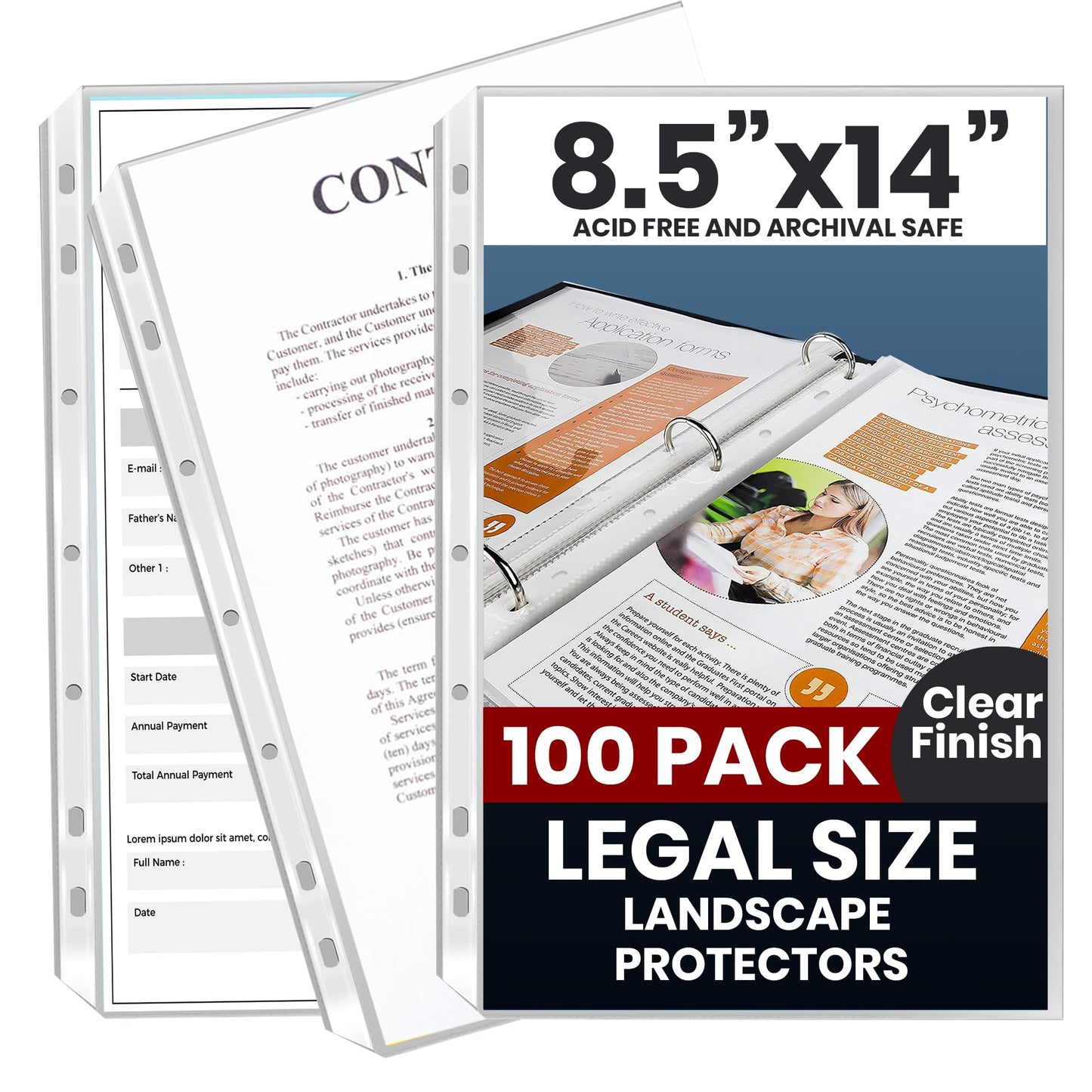 Legal Size Sheet Protectors 8.5x14, 100 Pack Heavyweight Top Loading, Archival Safe Acid Free Clear Polypropylene Page Protectors for 3 Ring Binder, Document Sleeves - Performore