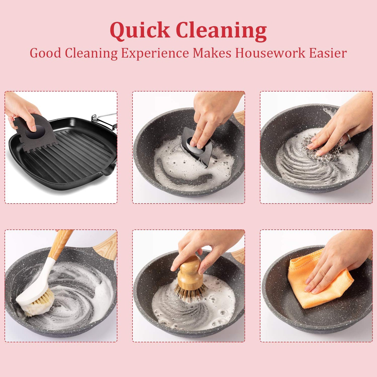 Patelai 8 Pieces Cast Iron Cleaning Kit Skillet Cleaner Set Include Stainless Steel Chainmail Scrubber Bamboo Dish Scrub Brushes Pan Grill Scrapers for Cleaning Pot Pans Skillets Kitchen(Orange)