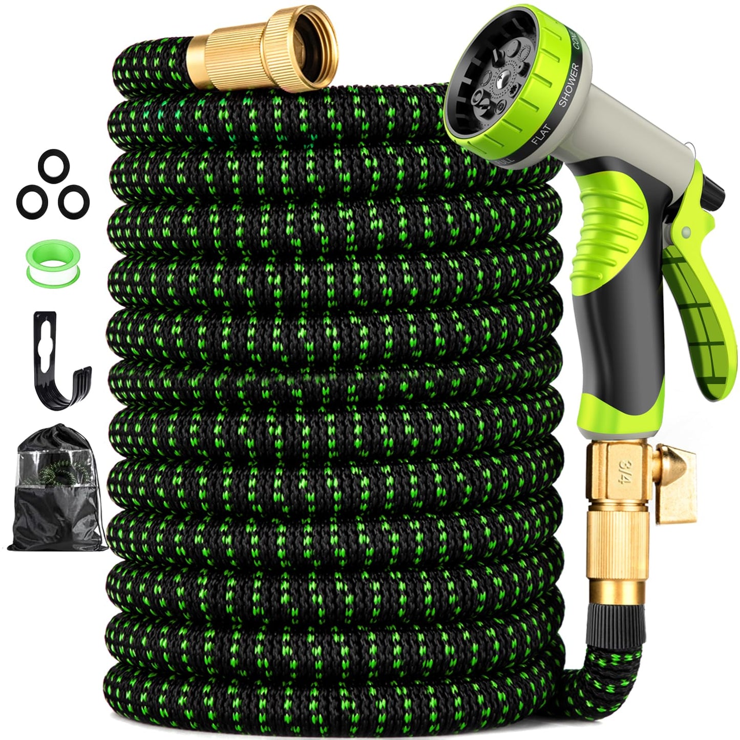 Expandable Garden Hose 100ft Water Hose with 10 Function Nozzle Flexible Expending Hose Kink Free,3-Layers Latex,3/4 Solid Solid Fittings Retractable Collapsible Gardening Hose Pipe with Hook Green