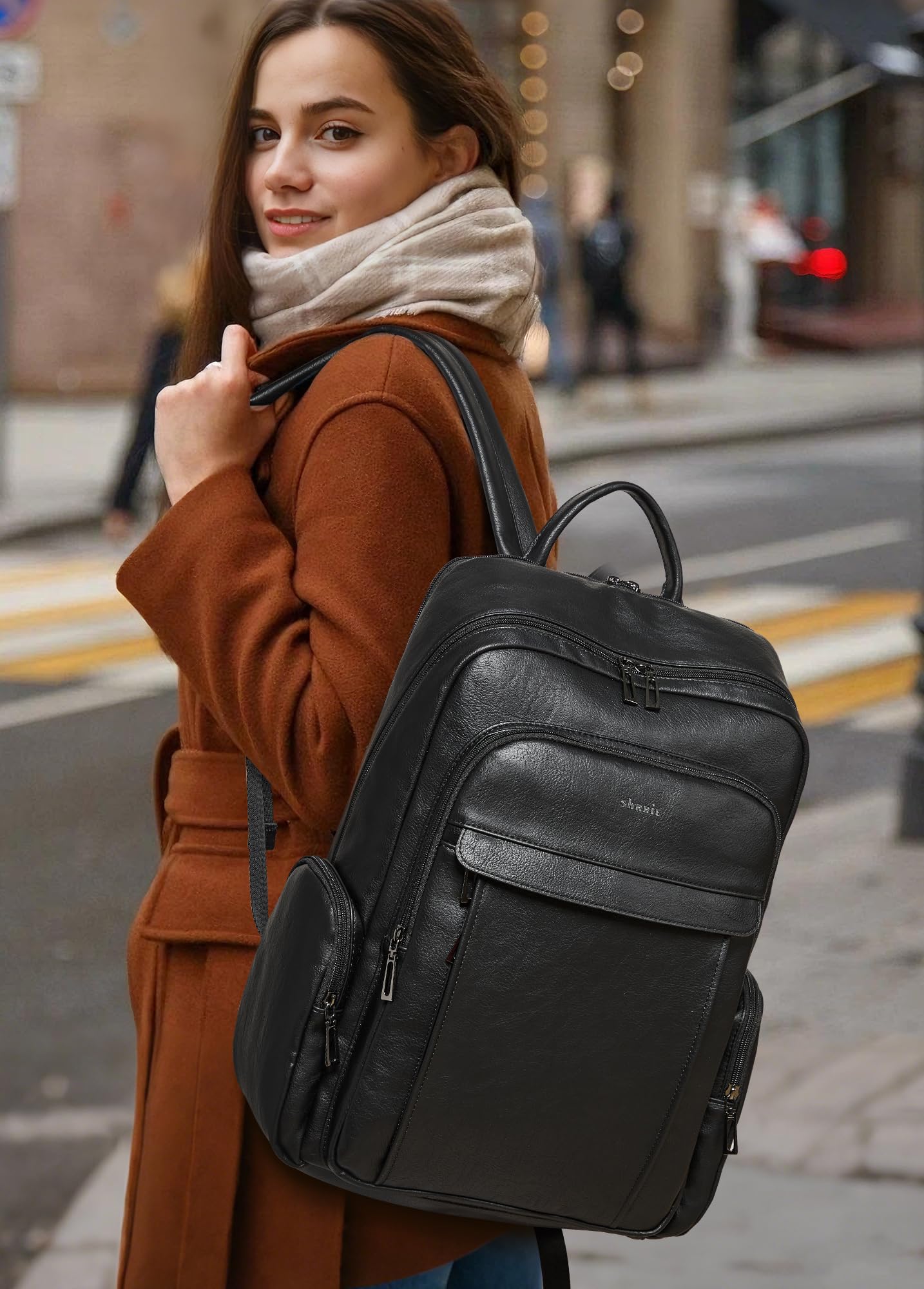 Shrrie Leather Laptop Backpack for Women with 17 inch Vegan Leather Computer Backpack Purse for Travel College Work