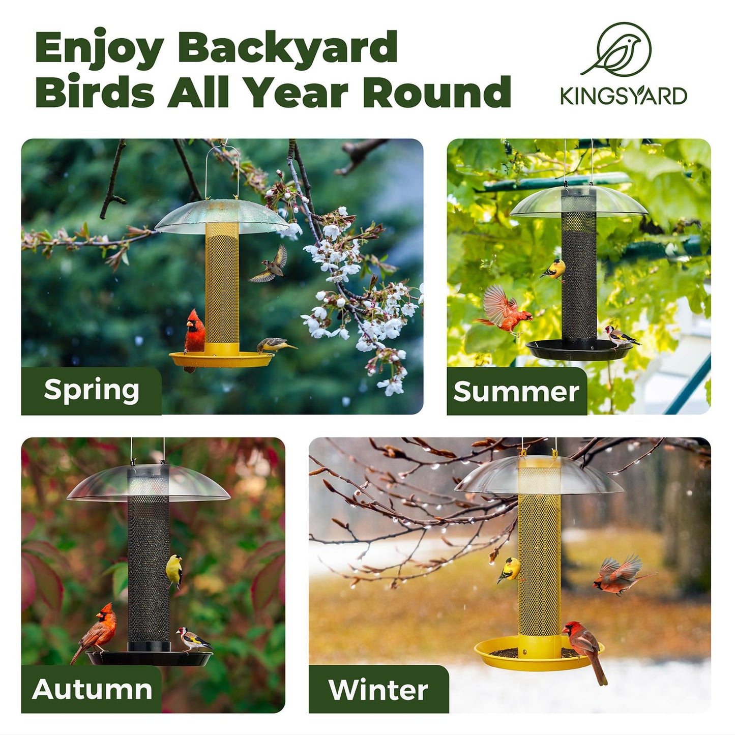 Kingsyard Thistle & Nyjer Bird Feeders for Outdoors Hanging, Metal Finch Feeder with Weatherproof Dome & Removable Tray, 14 Inch Mesh Tube, 2-1/4 lbs Seed Capacity, Great for Wild Bird (Yellow)