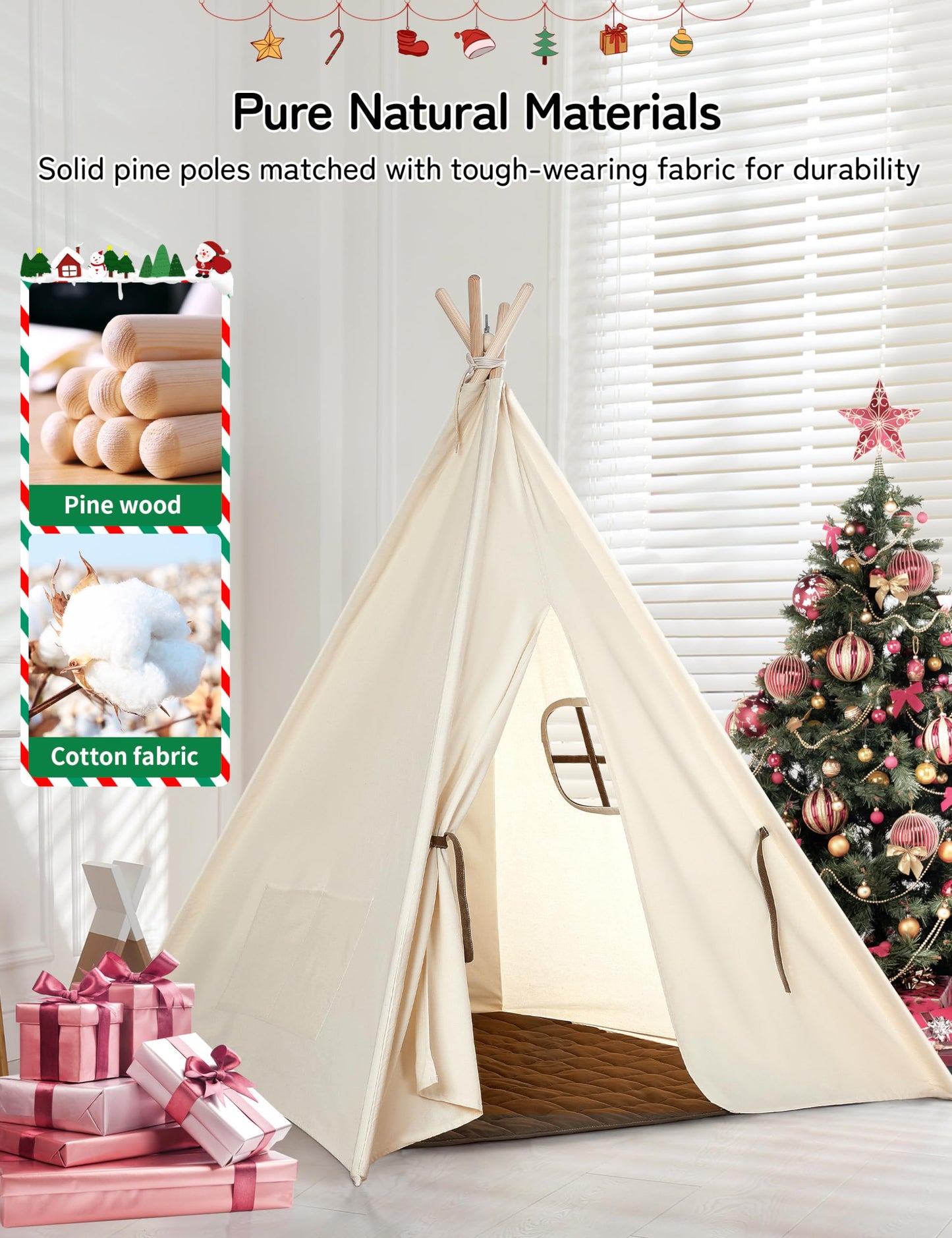 besrey Teepee Tent for Kids with Padded Mat&Light, Kids Tents Indoor Playhouse, Large Kids Tipi Tent, Play Tent for Toddler Boys Girls, Foldable Portable Toddler Reading Tent