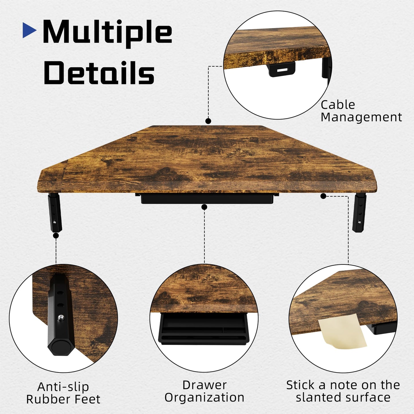 ETHU Triangle Monitor Stand Riser with Drawer - Adjustable Height Corner Riser for PC/Laptop, Ergonomic Desktop Computer Stand, Supports 44.09 LBS, Walnut