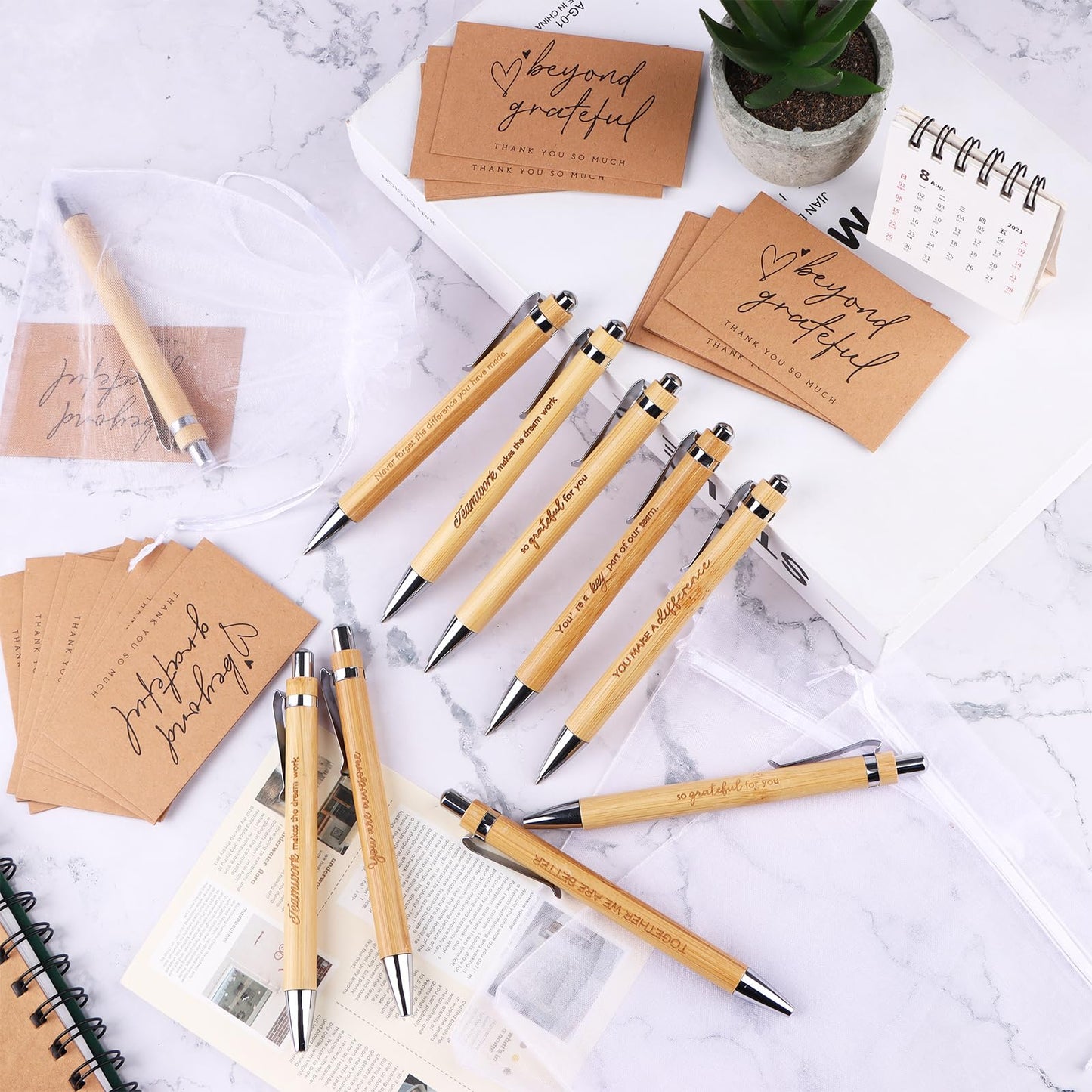 160 Pcs Employee Appreciation Gifts Thank You Bamboo Pens Inspirational Ballpoint Pen Motivational Quotes Pens Organza Bags and Thank You Cards Encouraging Pen Thank You Gift for Teacher Colleague