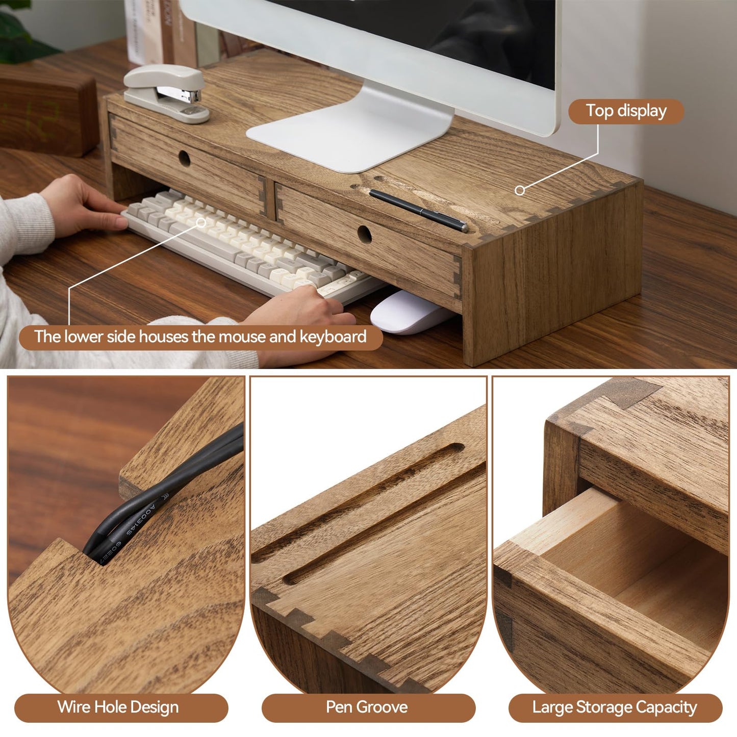Kirigen Wood Monitor Stand with 2 Drawers - Computer Arm Riser Desk Storage Organizer,Speaker TV Laptop Printer Stand with Pen Slot and Cable Management,Dark Brown Desktop Shelf for Office DBR-2PMJ