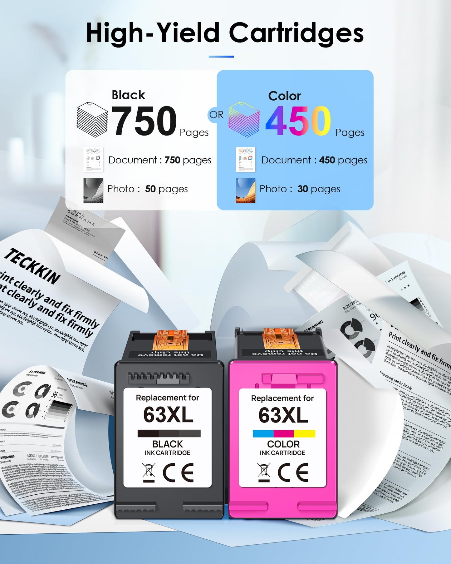 63XL Ink Cartridge Black and Colour Replacement Encre for HP 63 Ink Cartridges 63 XL Ink Cartridges Works for HP OfficeJet 3830 3833 3836 4650 5255; Envy 4516 4520 4522; DeskJet 3630 3632 (2 Pack)