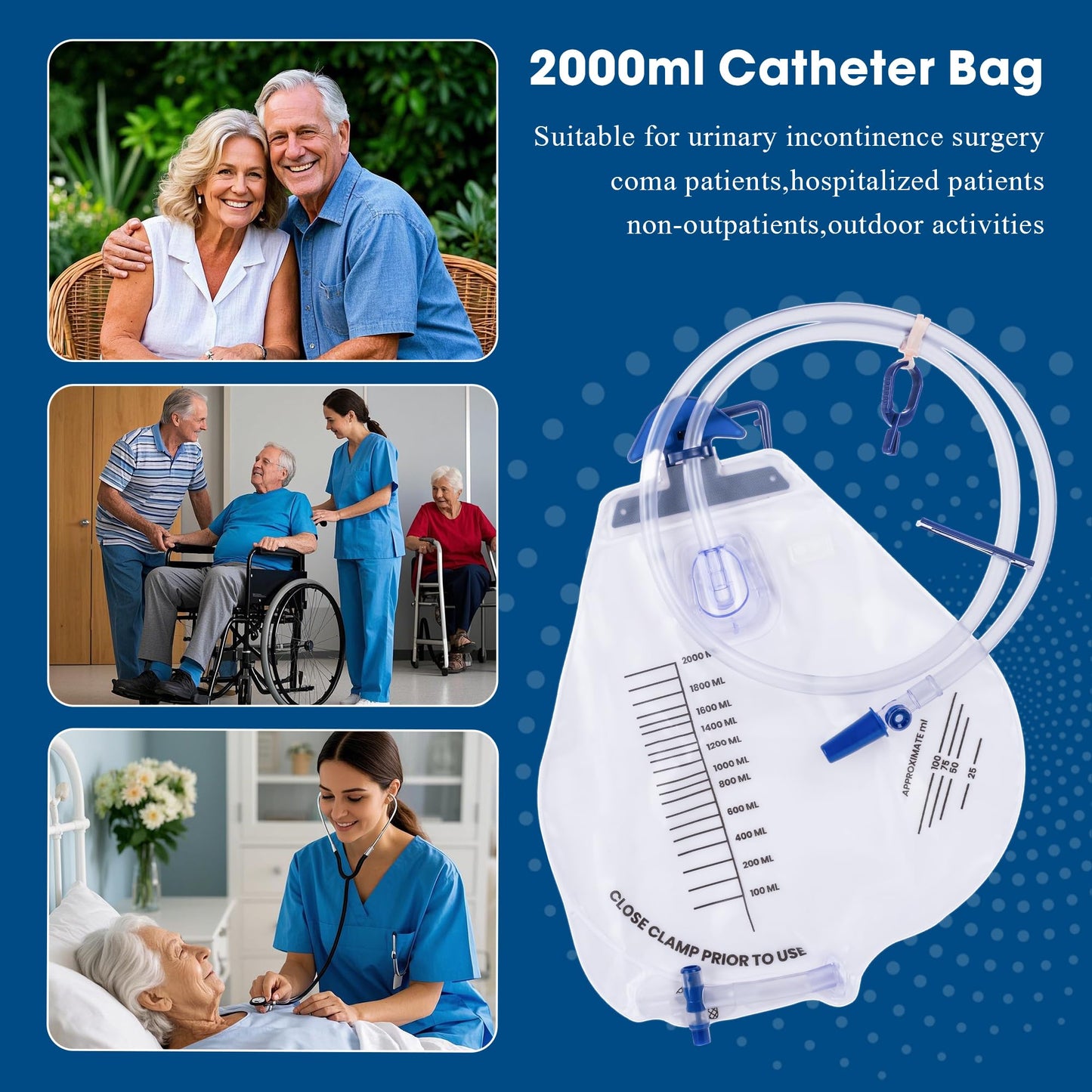 5 Pack BeHerk Catheter Bags for Men and Women, 2000mL Professional Urinary Drainage Bag with Anti-Reflux Drip Chamber, 48” Overnight Drainage Tube, Adjustable Clips & Hanging Hook