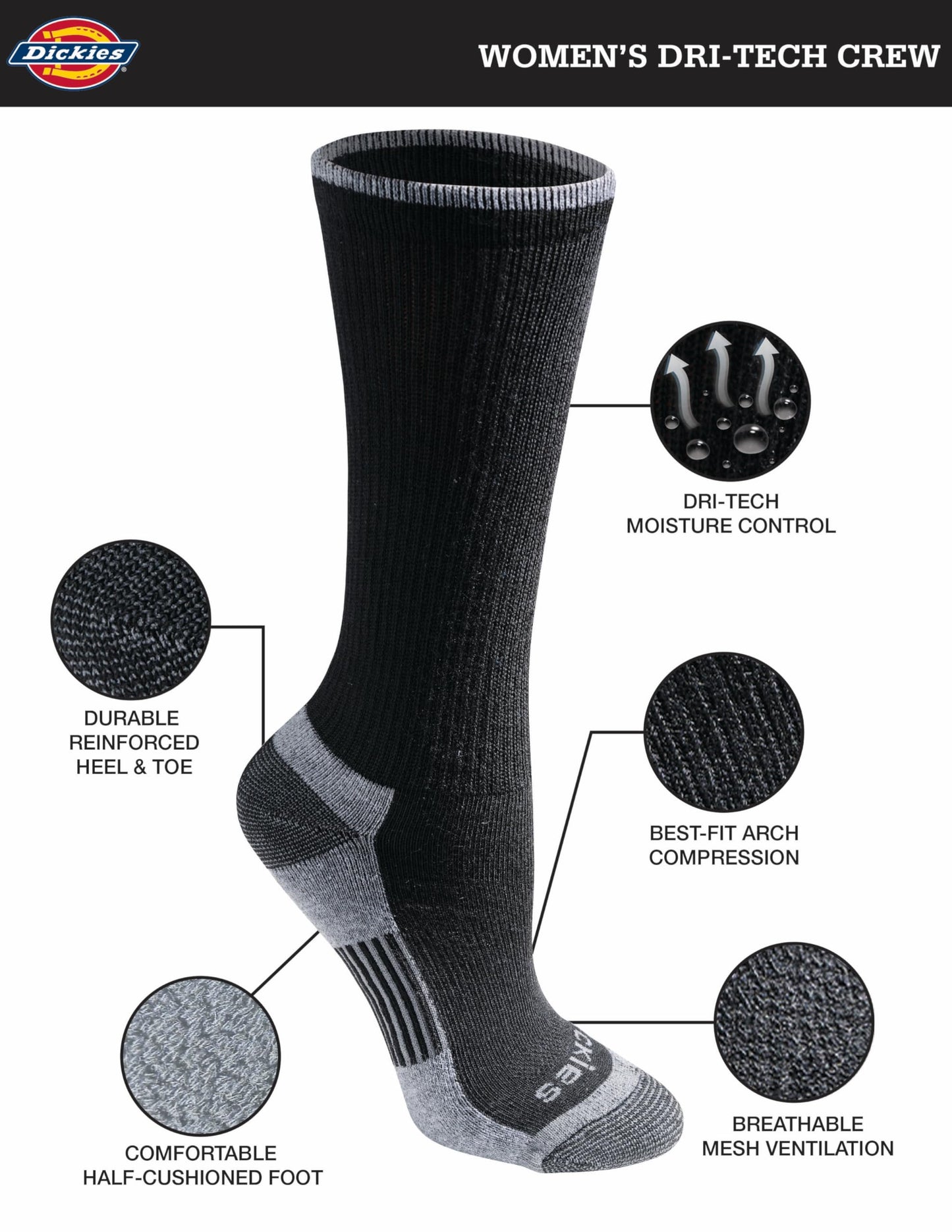 Dickies Women's Dritech Advanced Moisture Wicking Crew Sock (6/12 Packs), Black Bright (12 Pairs), Shoe Size: 6-9